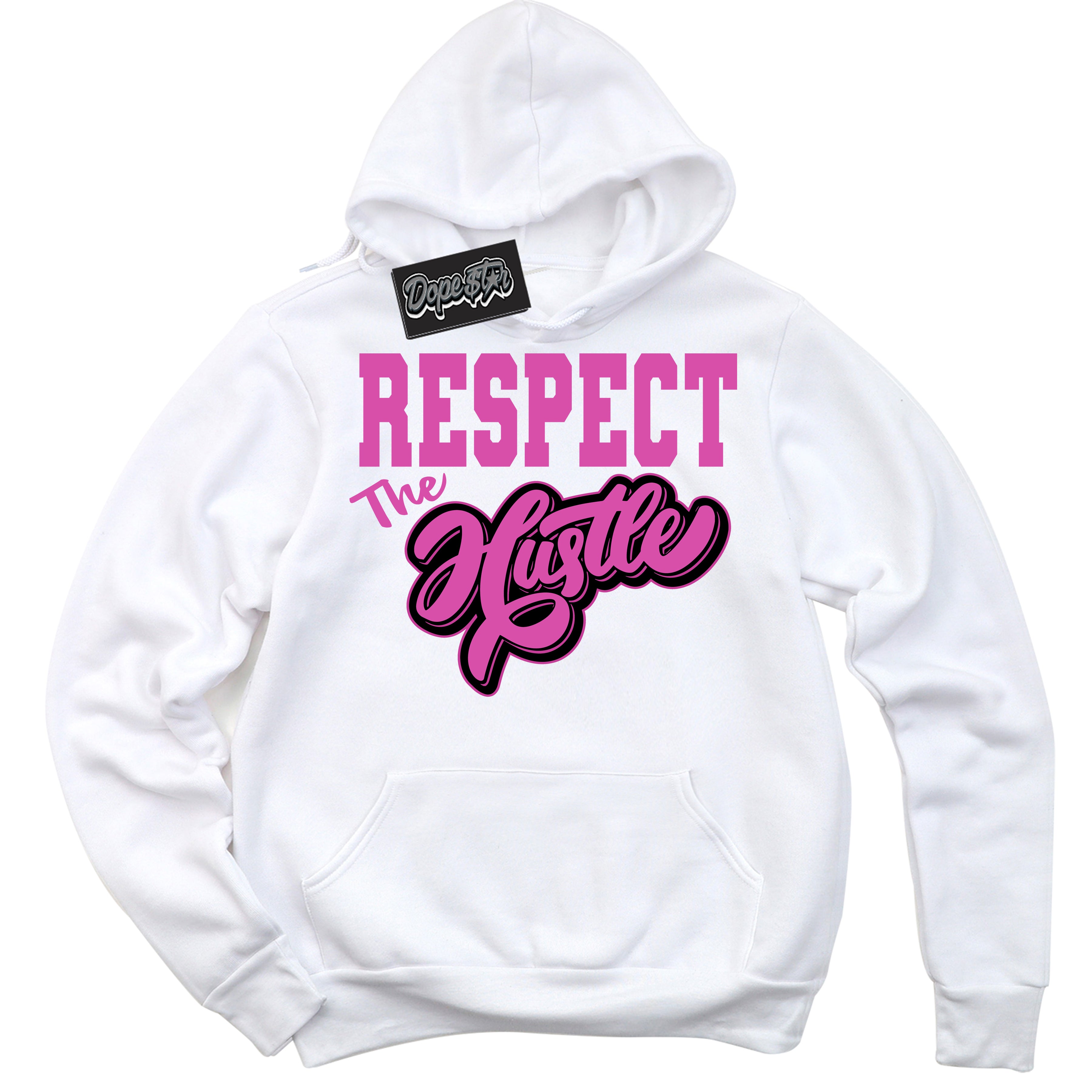 White Hoodie with playful pink and black "Respect The Hustle" graphic, made to match Air Max 1 Valentine's Day sneakers | Sneaker Shirts Outlet