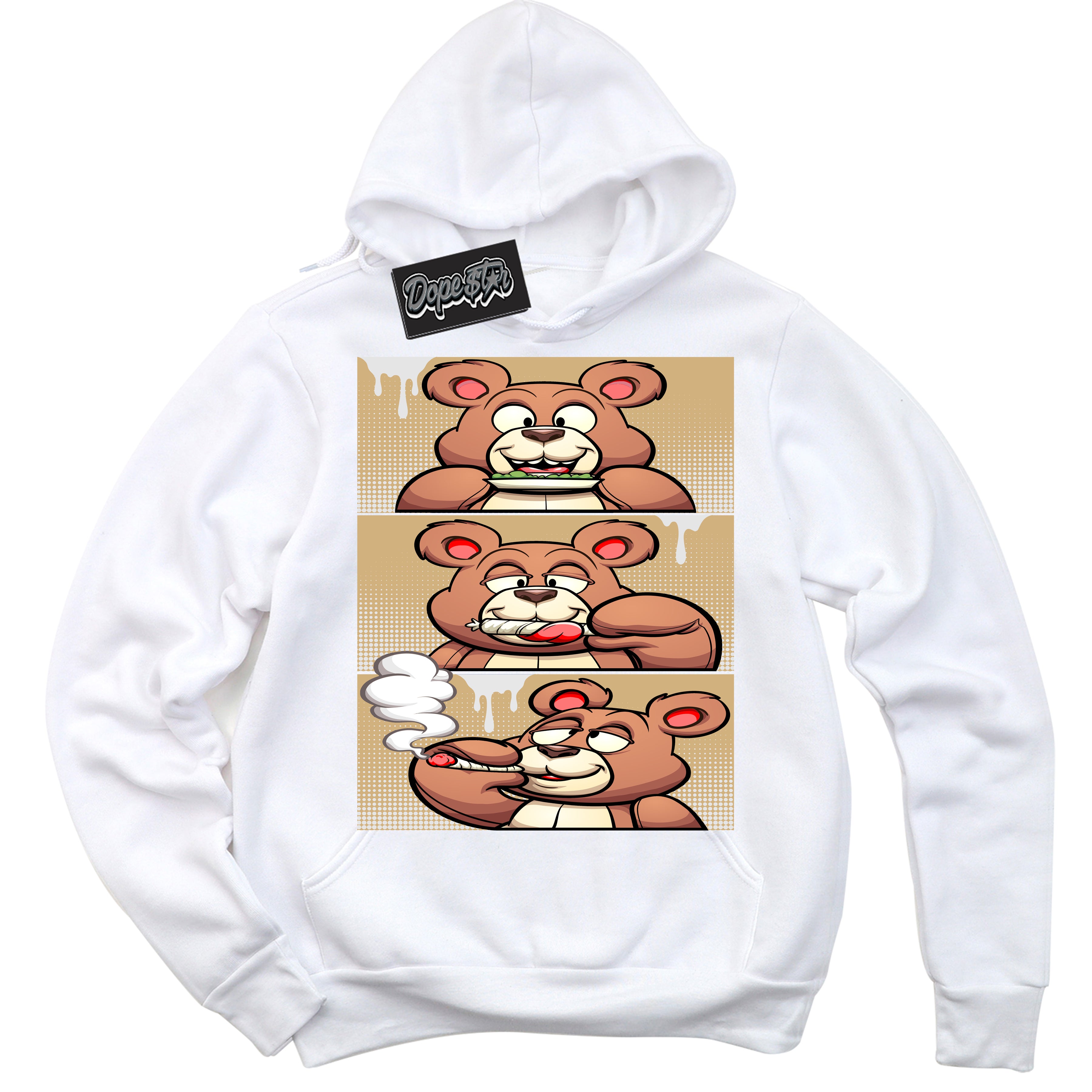 Jordan MVP White Metallic Gold ‘Roll It Lick It Smoke It Bear’ – White Streetwear Hoodie | Sneaker Matching sweatshirt for Jordan MVP White Metallic Gold | Men's and Women's Streetwear Graphic Hoodie by Sneaker Shirts Outlet