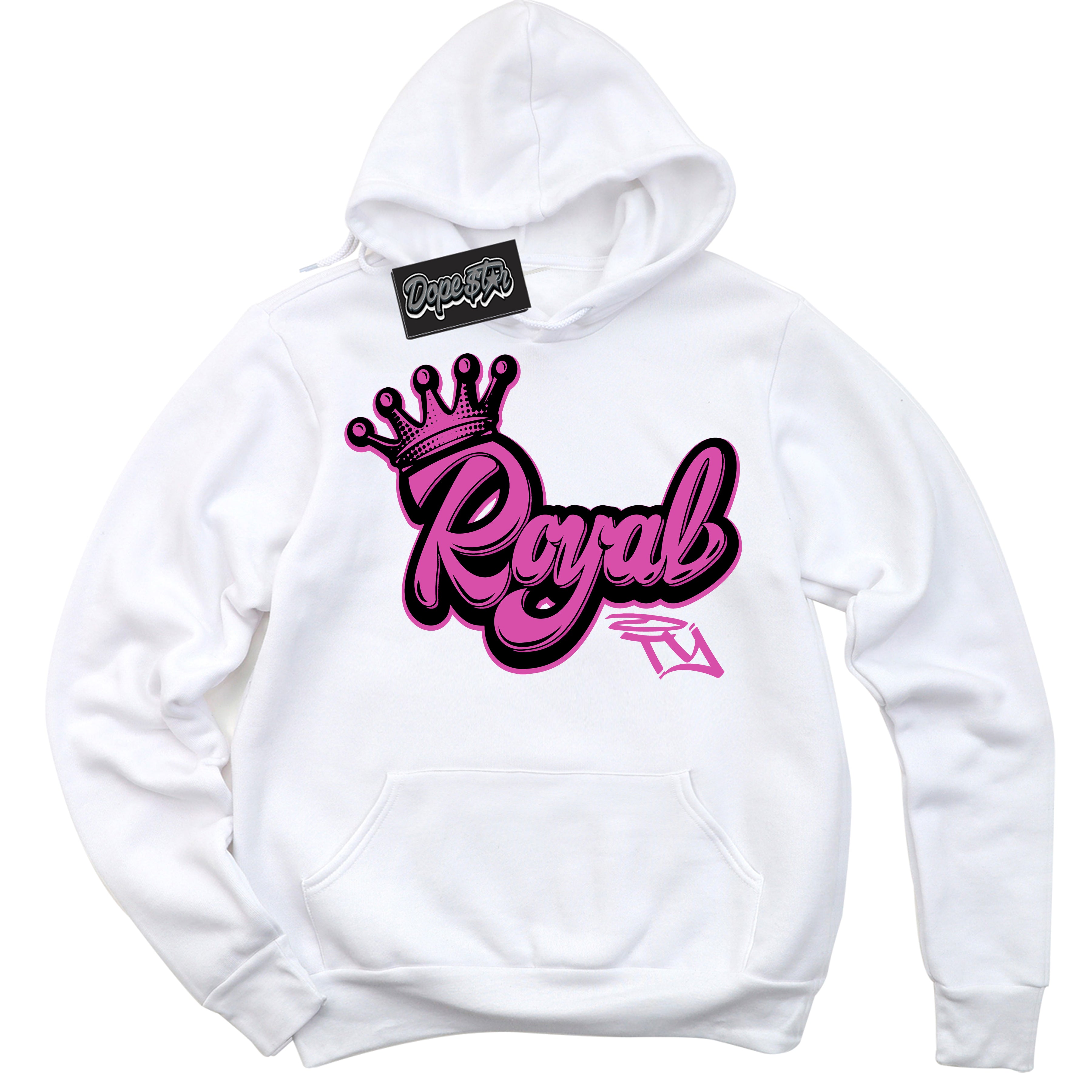 White Hoodie with playful pink and black "Royalty" graphic, made to match Air Max 1 Valentine's Day sneakers | Sneaker Shirts Outlet