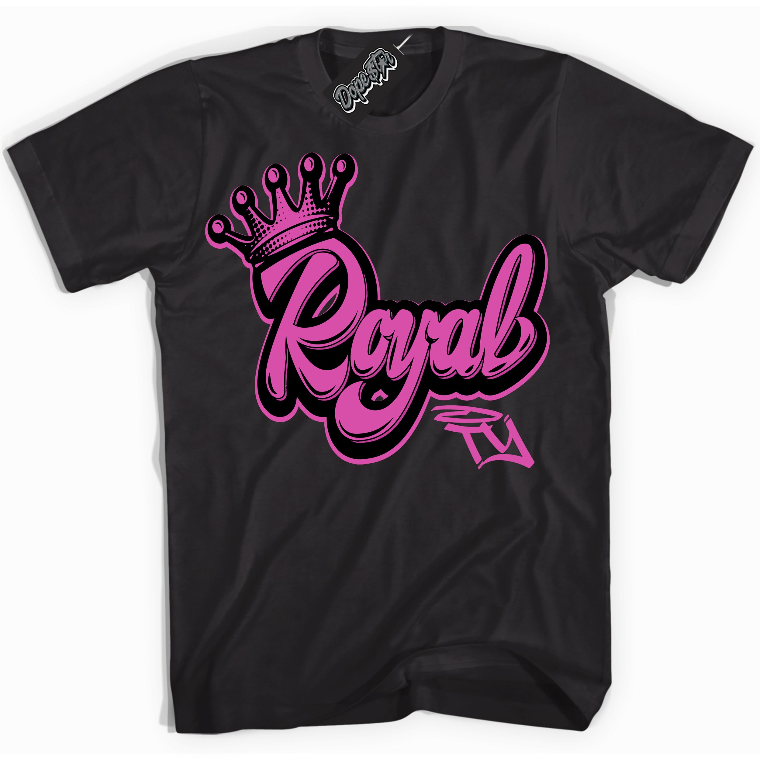 Black T-shirt with playful pink and black "Royalty" graphic, made to match Air Max 1 Valentine's Day sneakers | Sneaker Shirts Outlet
