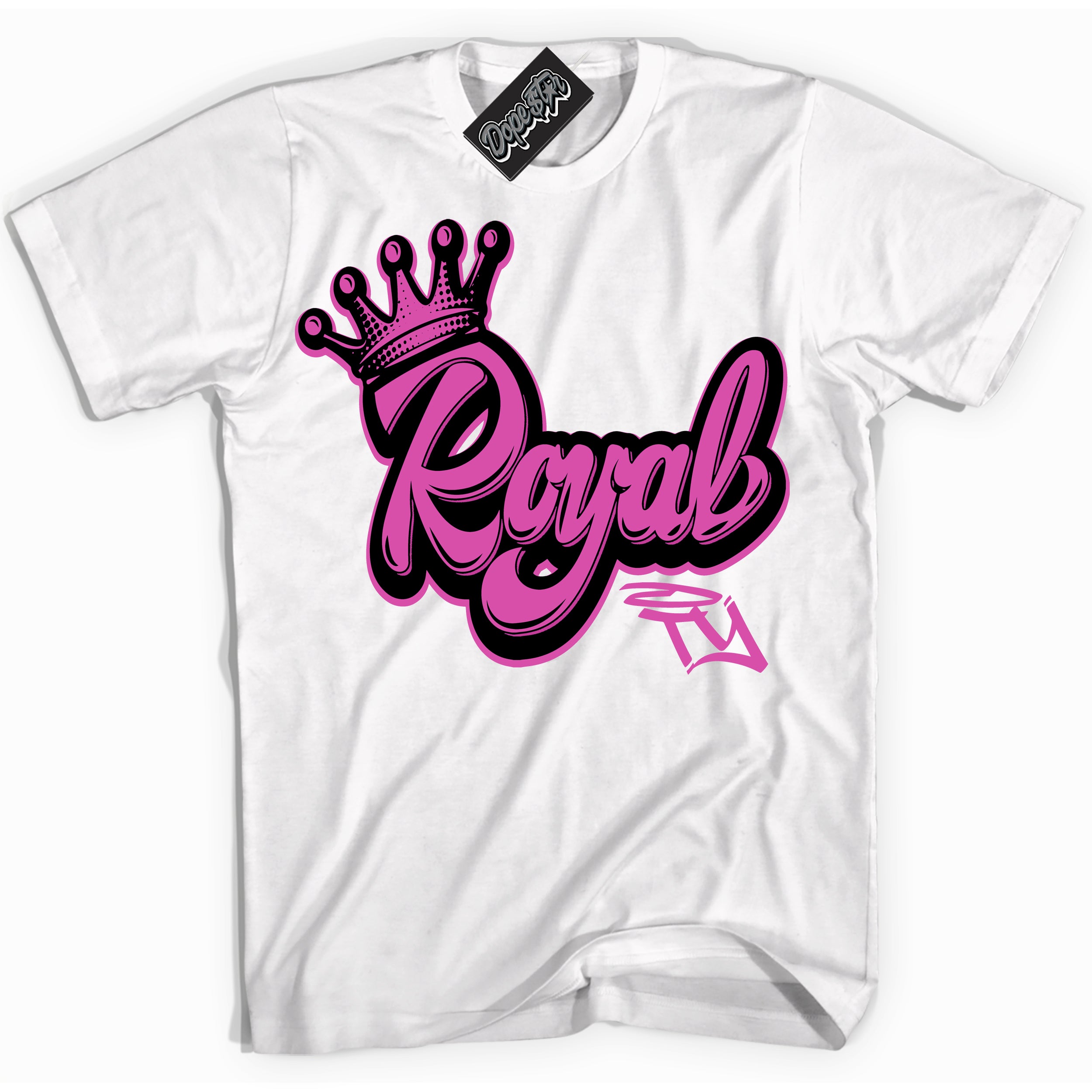White T-shirt with playful pink and black "Royalty" graphic, made to match Air Max 1 Valentine's Day sneakers | Sneaker Shirts Outlet