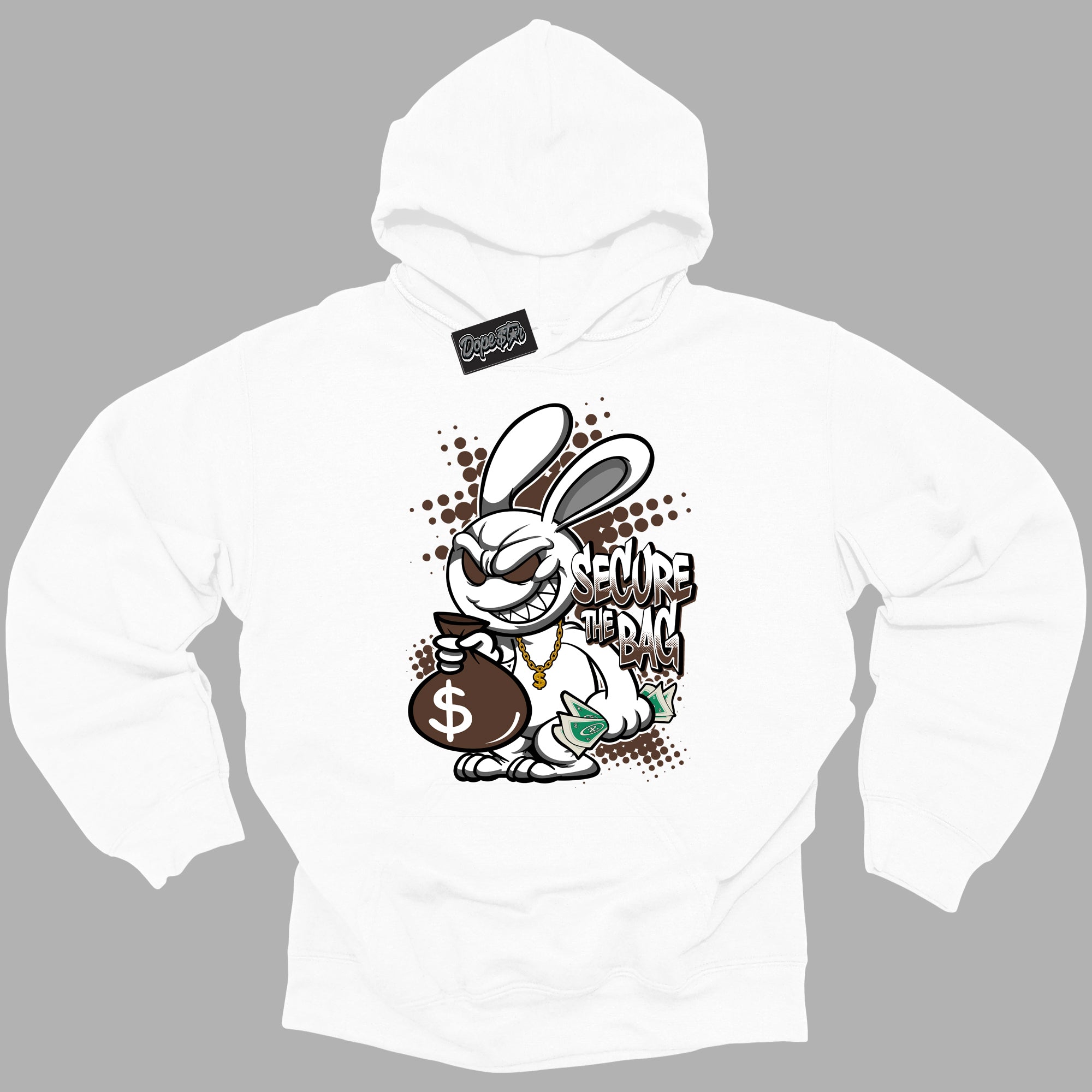 Cool White Graphic DopeStar Hoodie with “ Secure The Bag “ print, that perfectly matches Palomino 1s sneakers