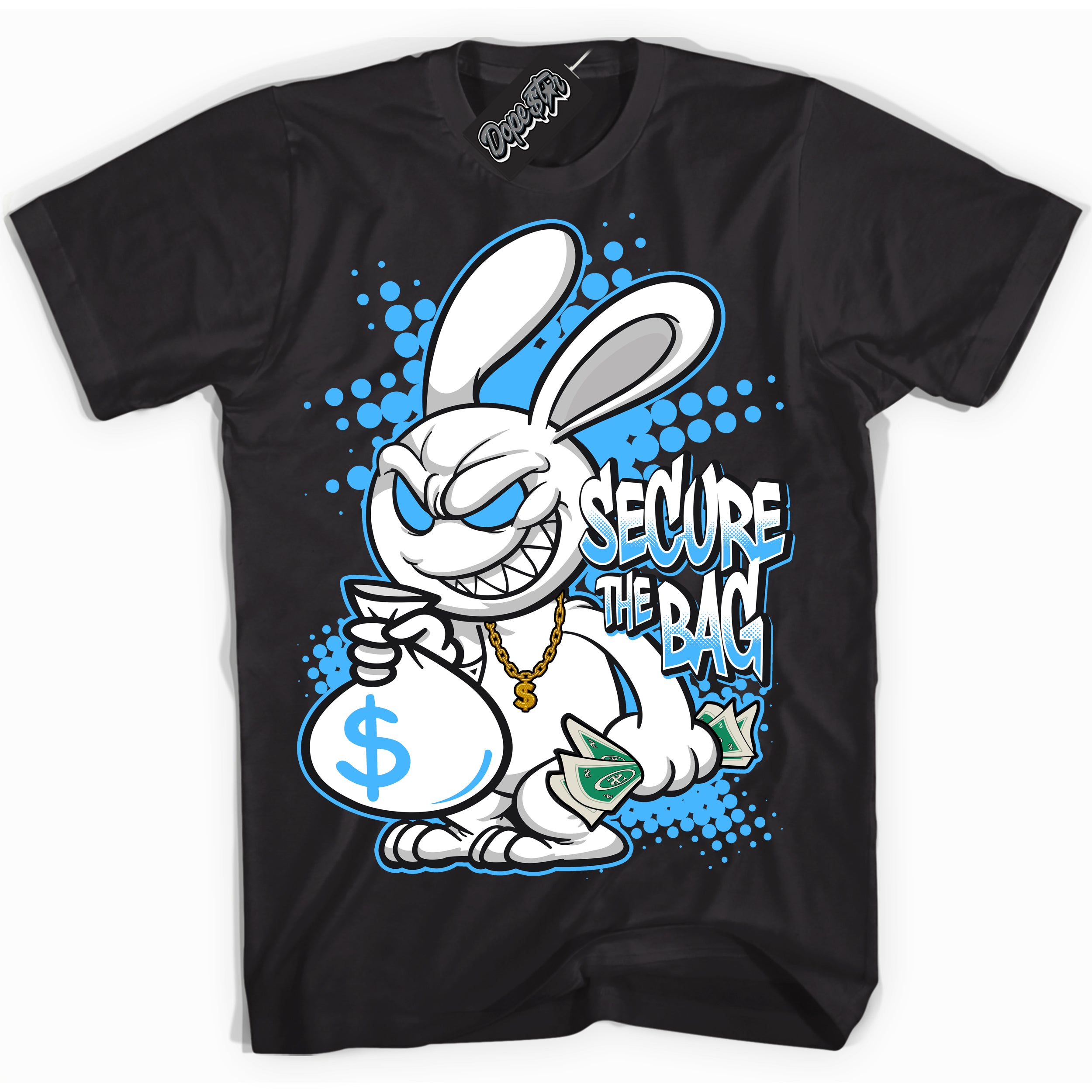 Cool Black graphic tee with “ Secure the Bag ” design, that perfectly matches Powder Blue 9s sneakers