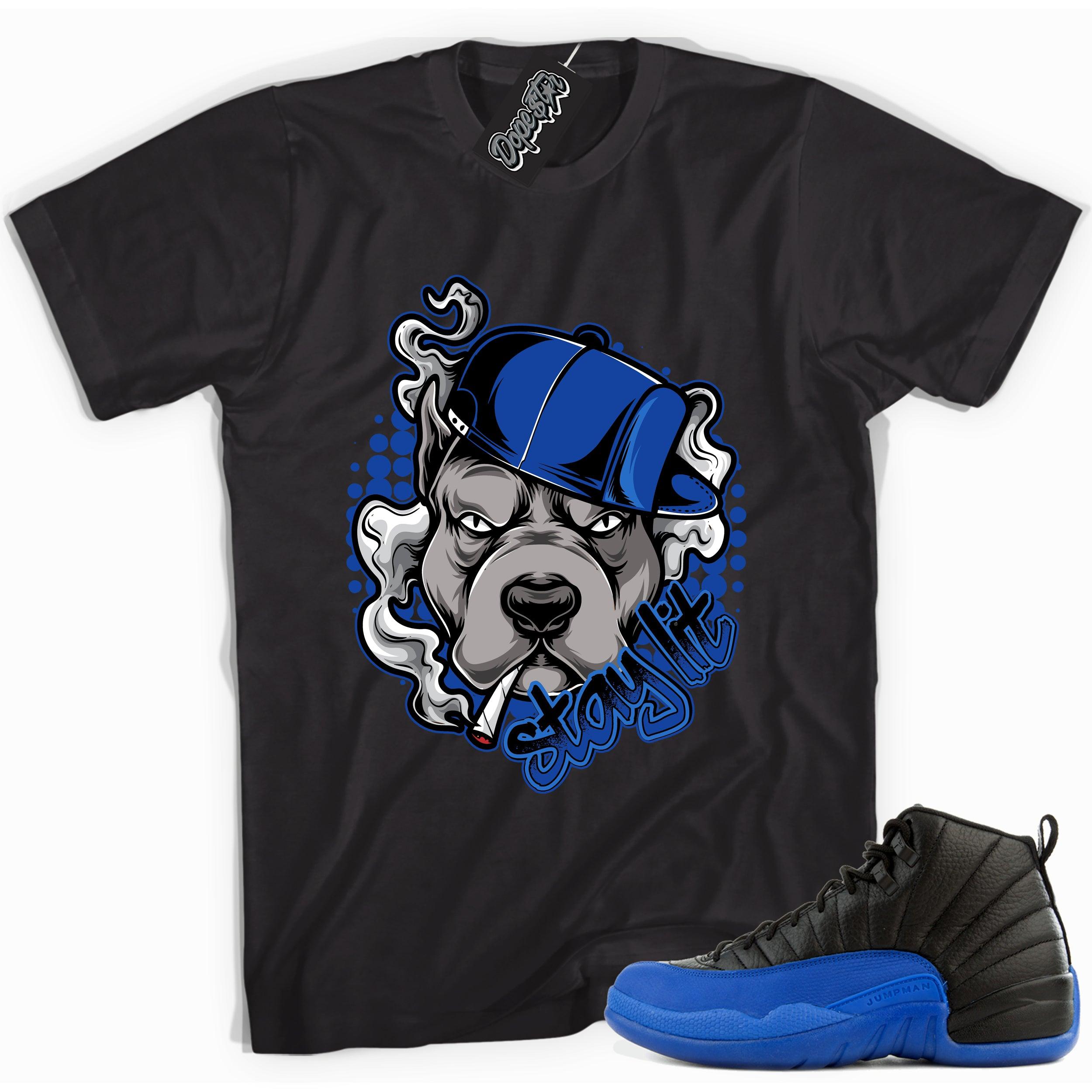 Cool black graphic tee with 'stay lit' print, that perfectly matches Air Jordan 12 Retro Black Game Royal sneakers.