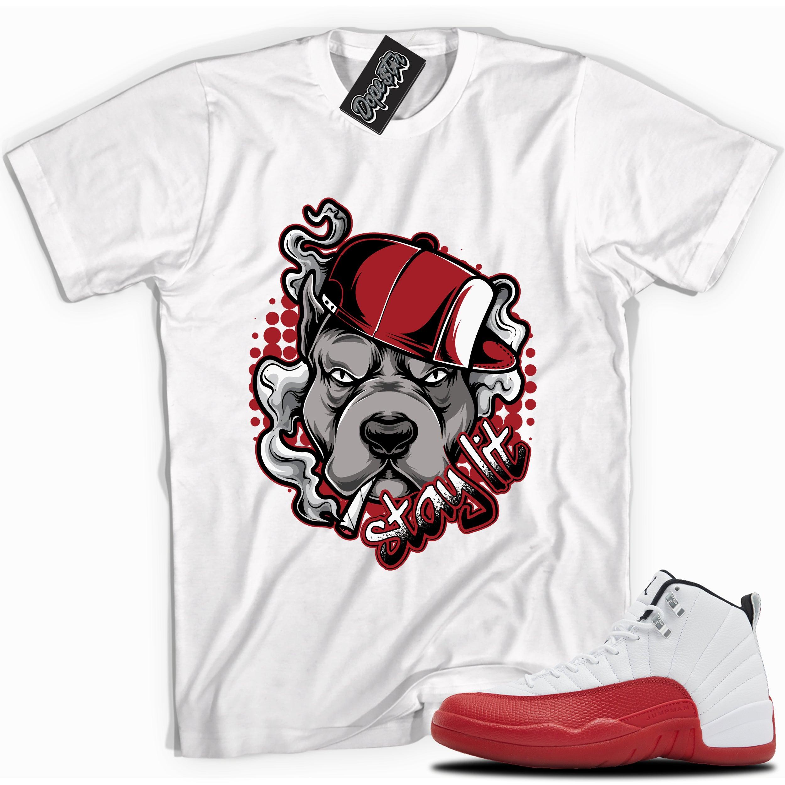 Cool White graphic tee with “STAY LIT” print, that perfectly matches Air Jordan 12 Retro Cherry Red 2023 red and white sneakers