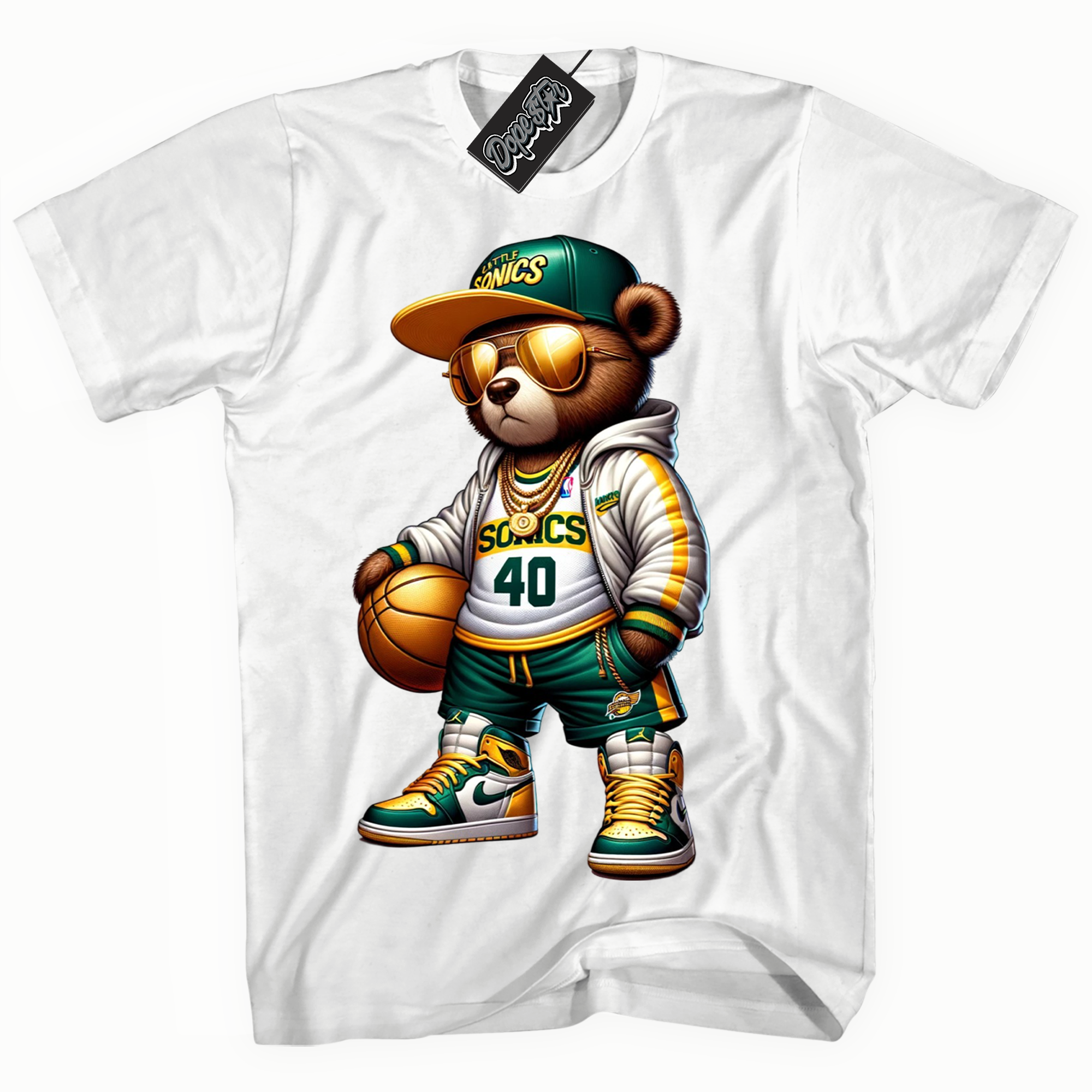 Cool White graphic tee with Shawn Kemp's Very Own Player Bear In Green And Gold