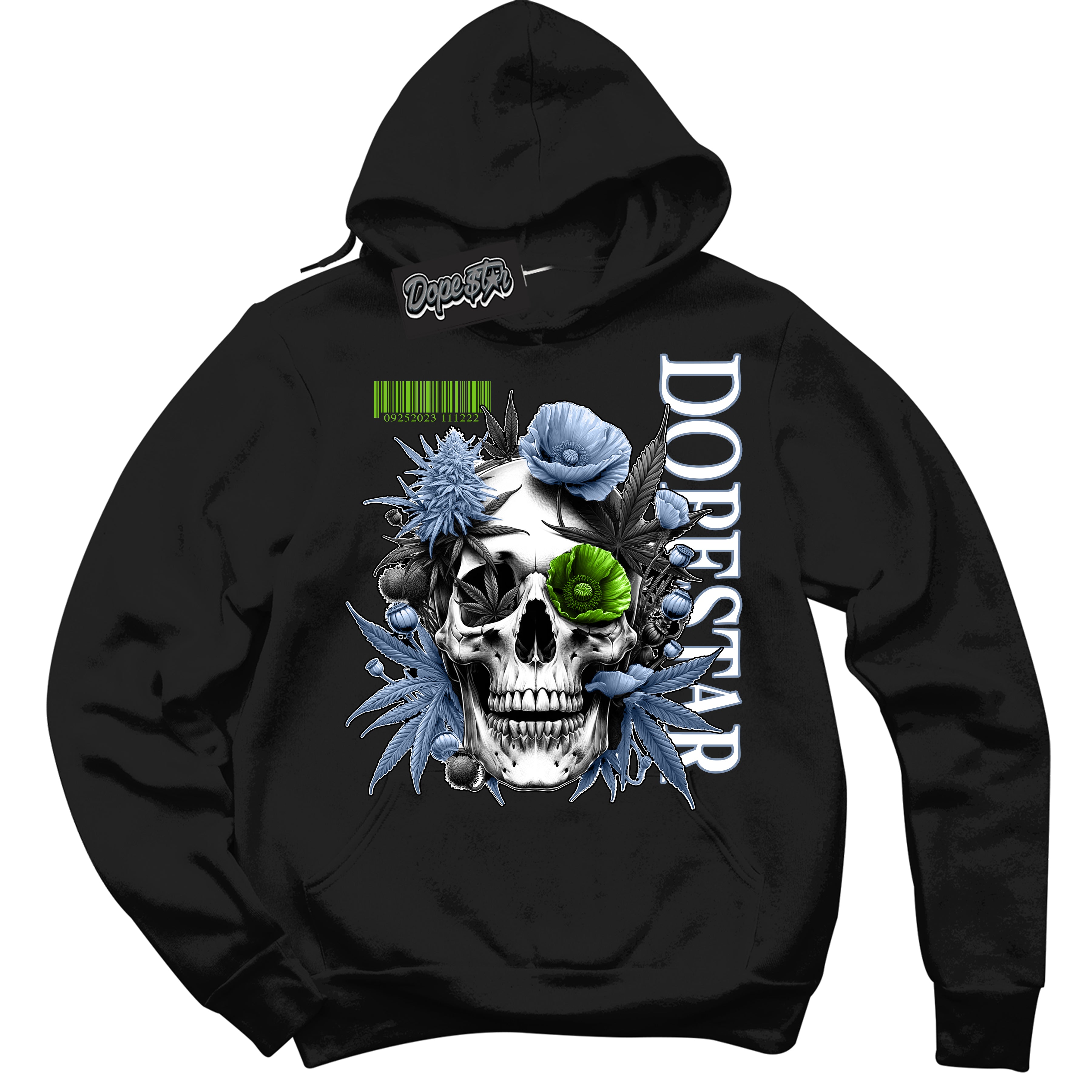 Cool Black Hoodie with “ Skull Poppies ” design that Perfectly Matches Blue Gray 13s Sneakers.