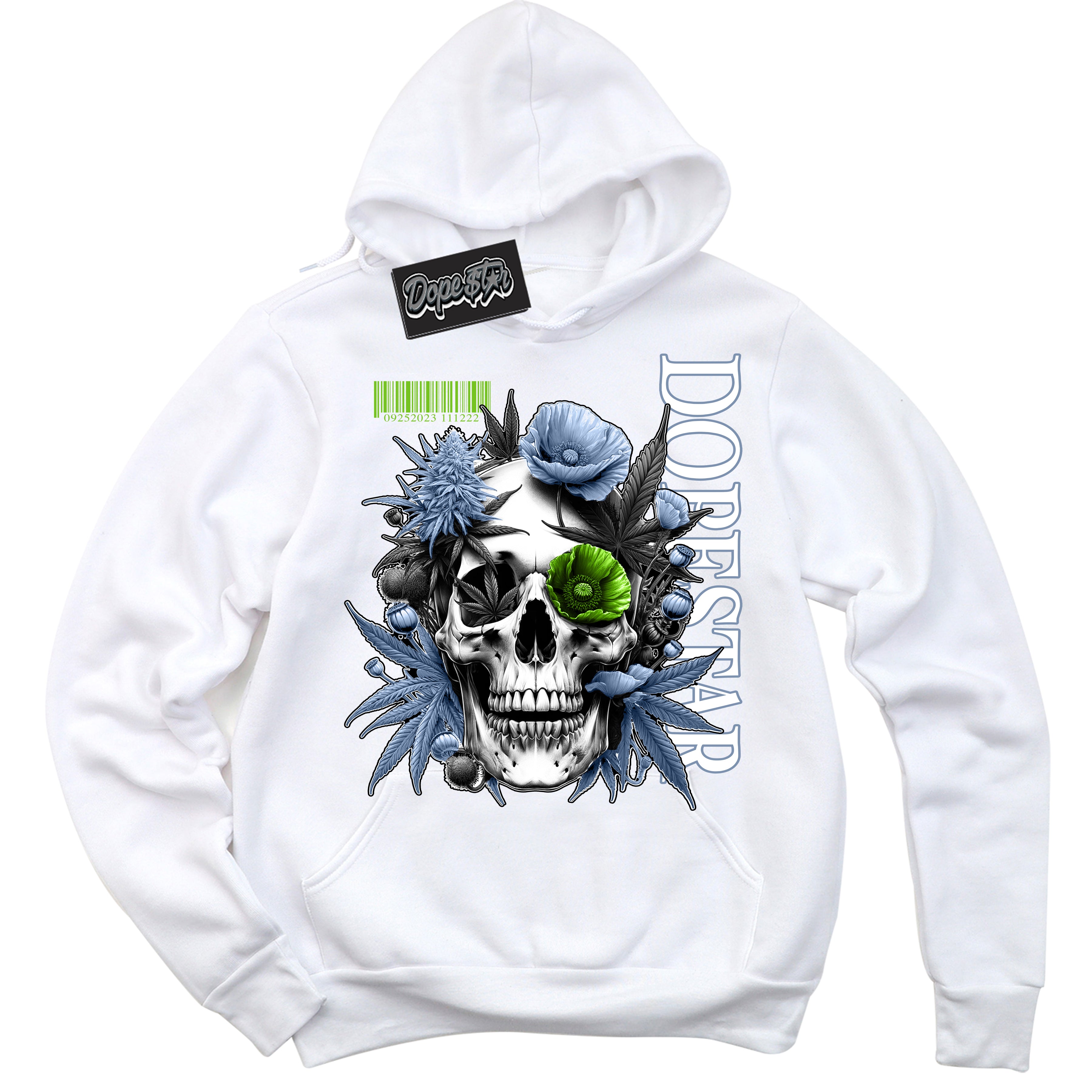 Cool White Hoodie with “ Skull Poppies ” design that Perfectly Matches Blue Gray 13s Sneakers.