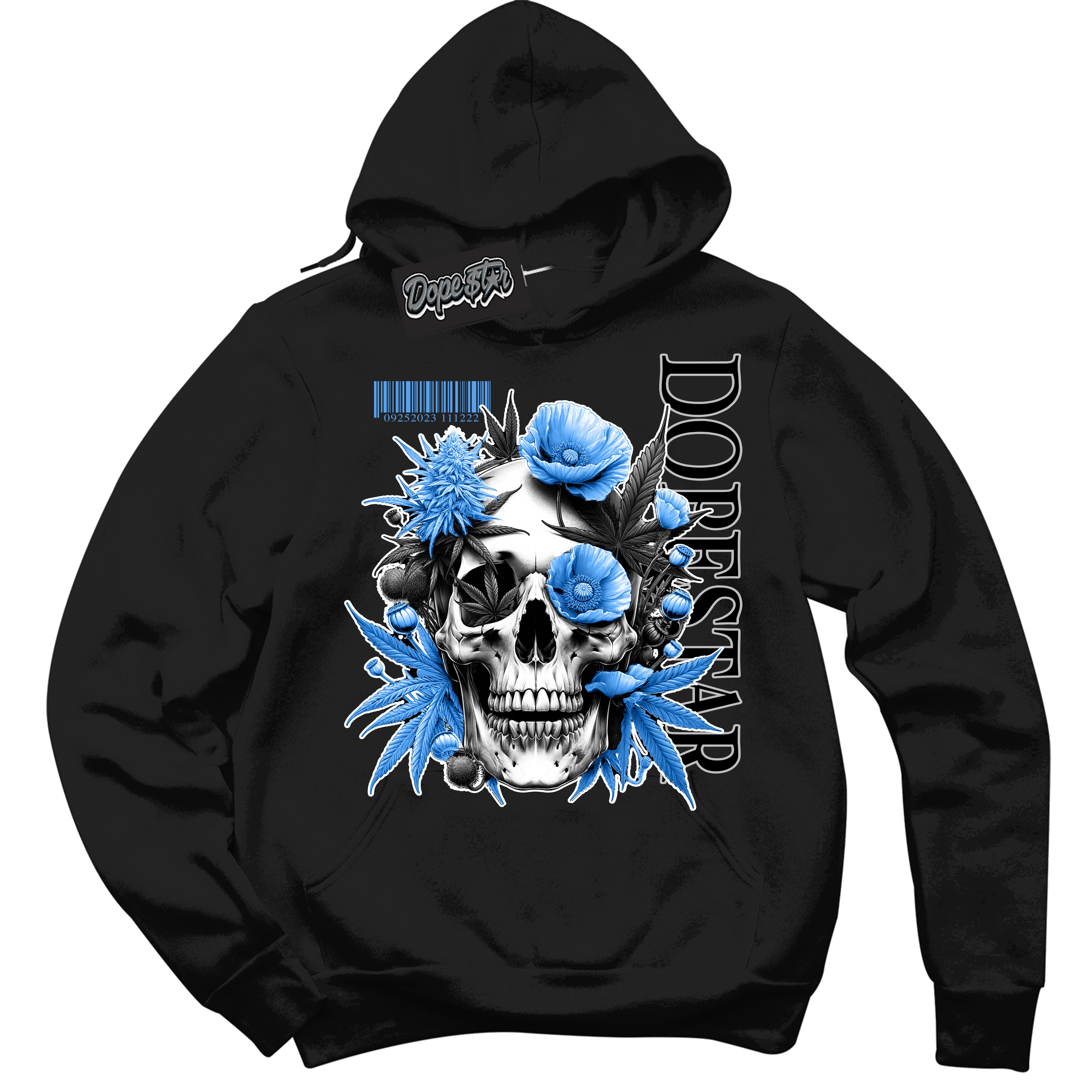Cool Black Hoodie with “ Skull Poppies ” design that Perfectly Matches UNC University Blue 5s Sneakers.