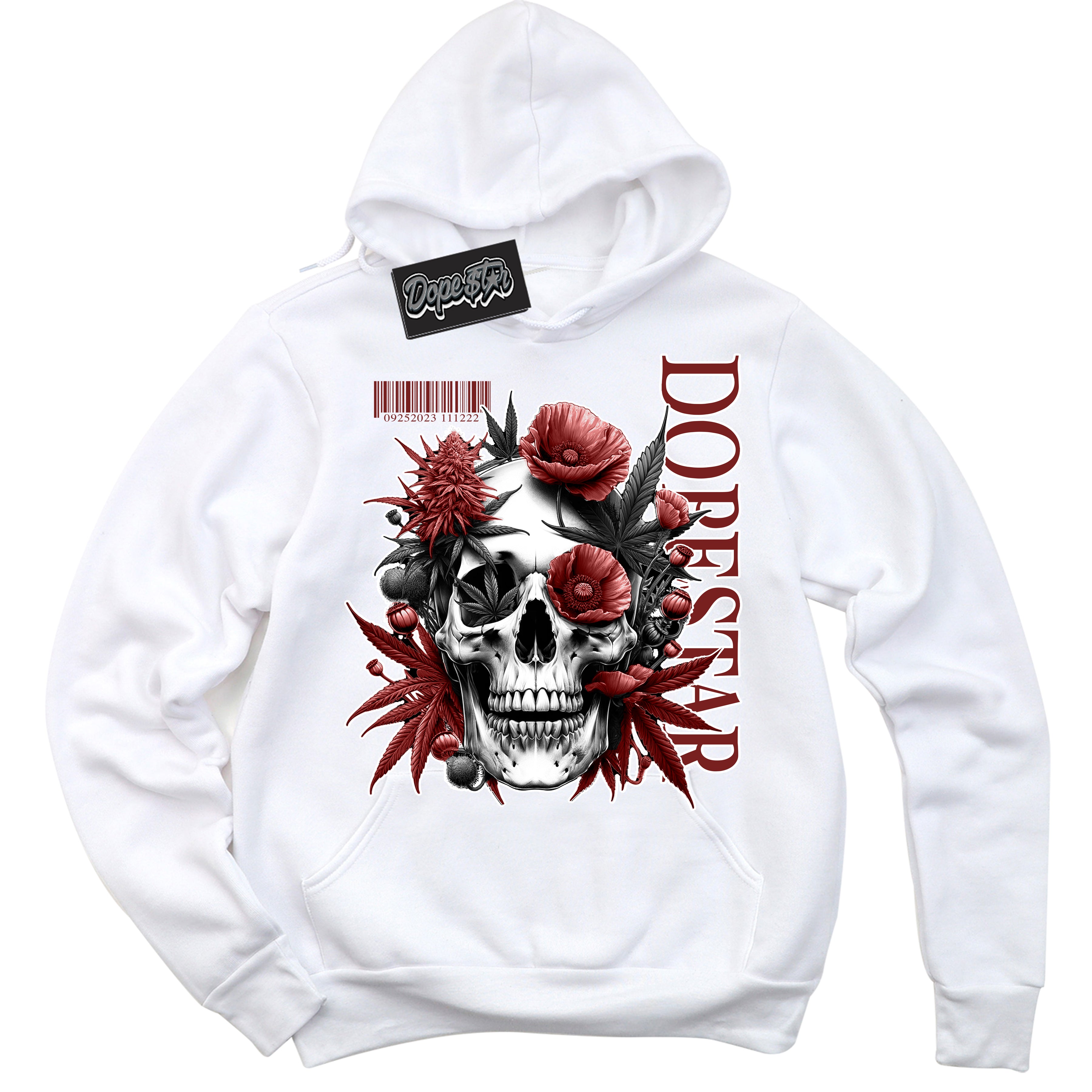 Cool White Hoodie with “ Skull Poppies ” design that Perfectly Matches Dune Red 1s Sneakers.