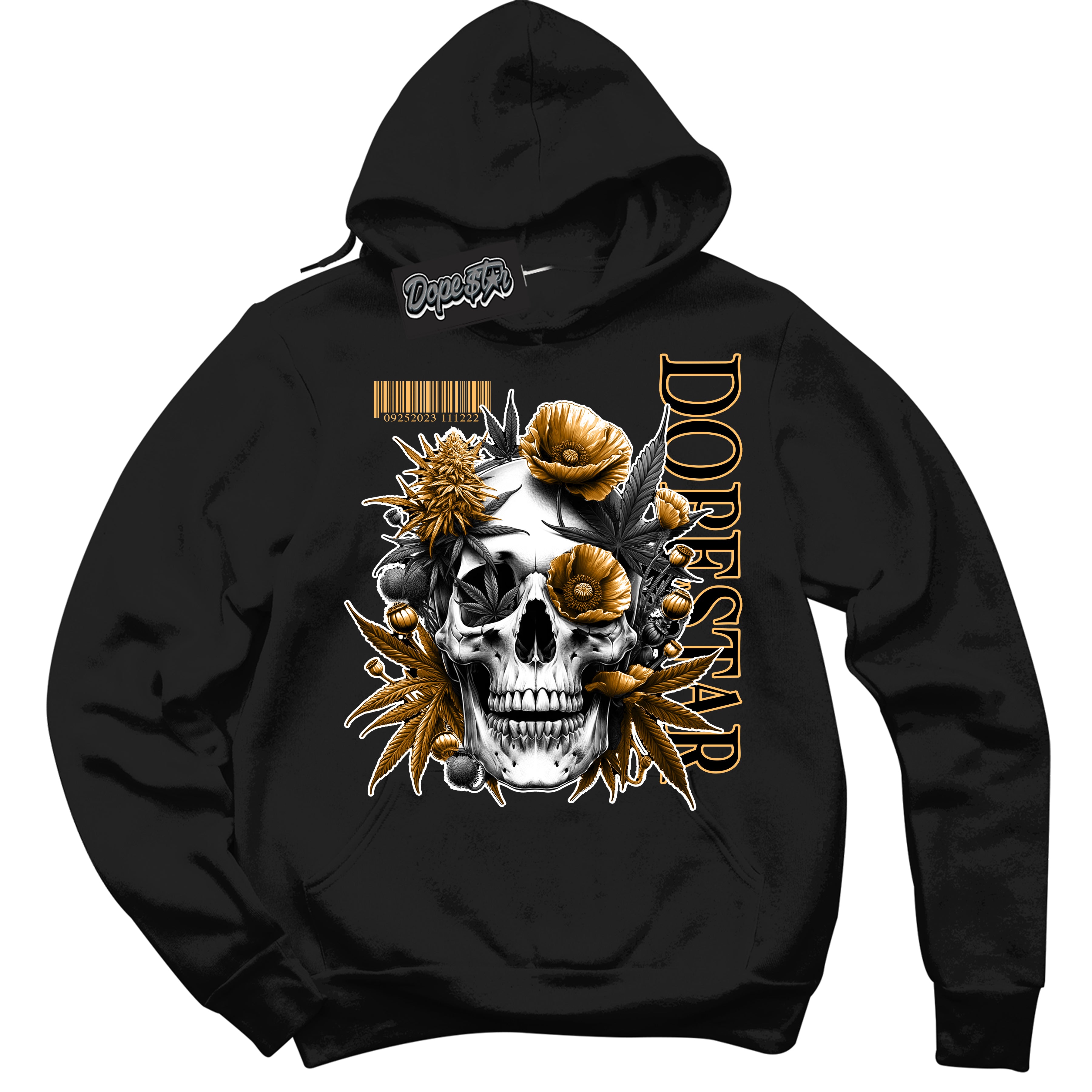 Cool Black Hoodie with “ Skull Poppies ”  design that Perfectly Matches Yellow Ochre 1s Sneakers.