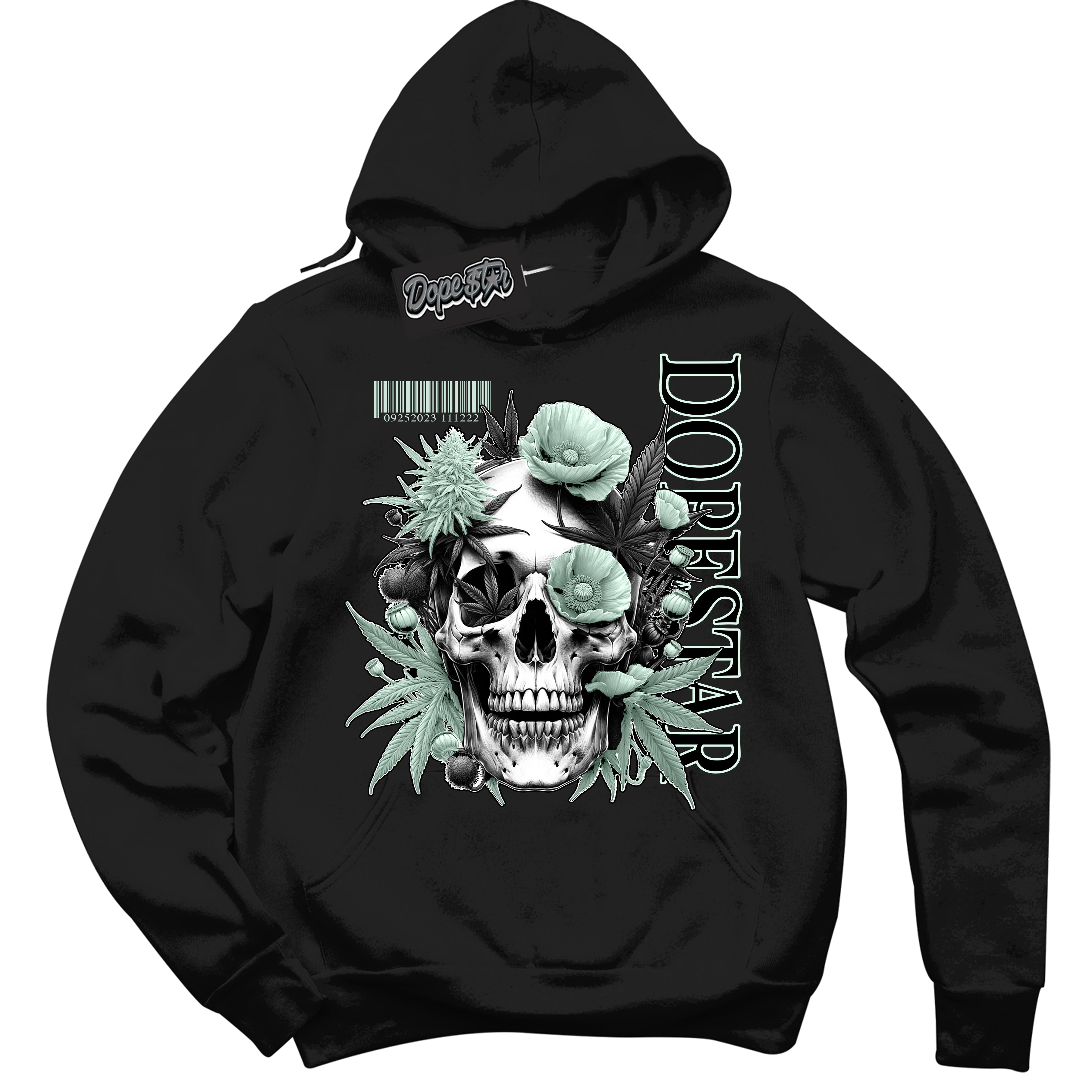 Cool Black Hoodie with “ Skull Poppies ” design that Perfectly Matches Dark Smoke Grey Barely Green Sneakers.