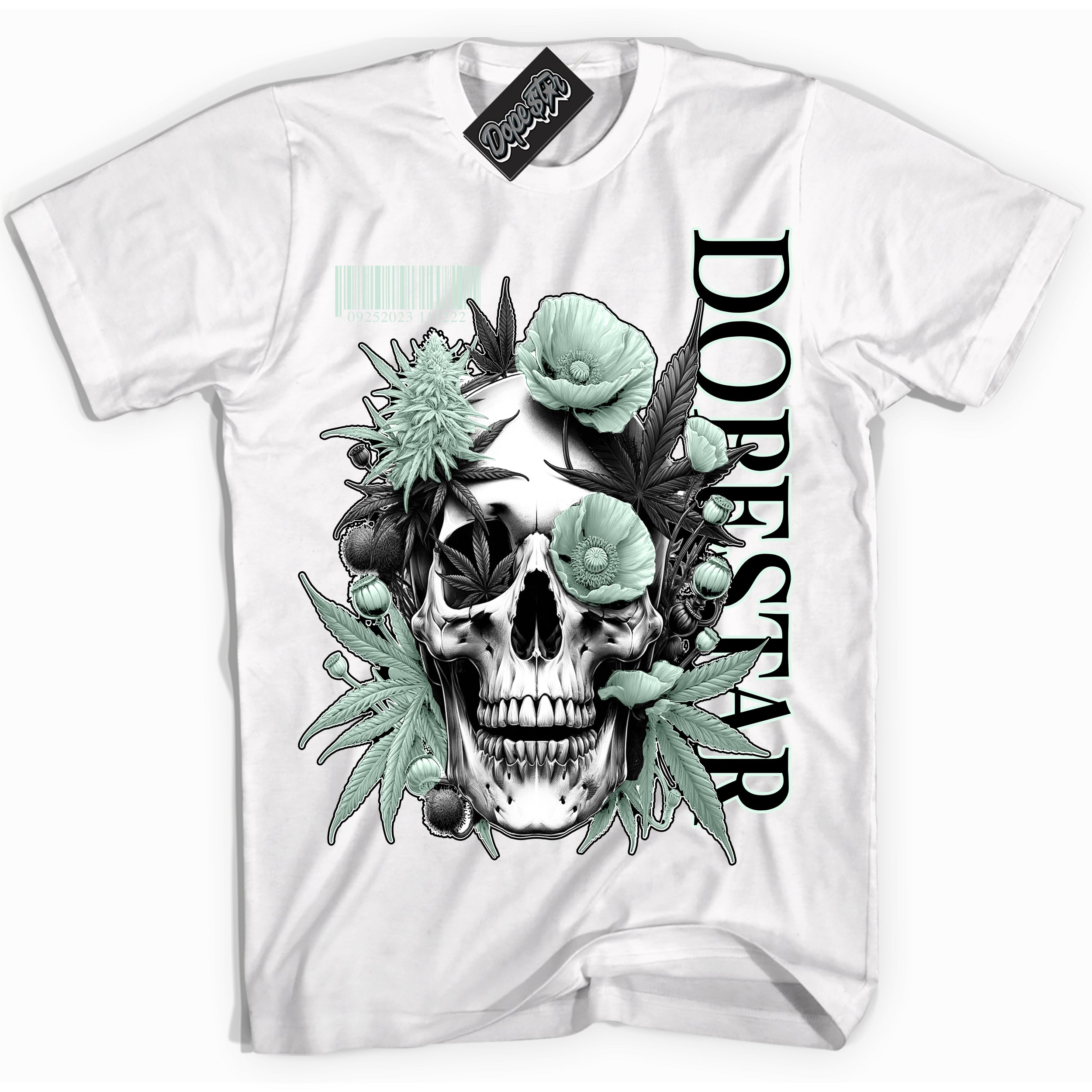 Cool White Shirt with “ Skull Poppies” design that perfectly matches Dark Smoke Grey Barely Green Sneakers.