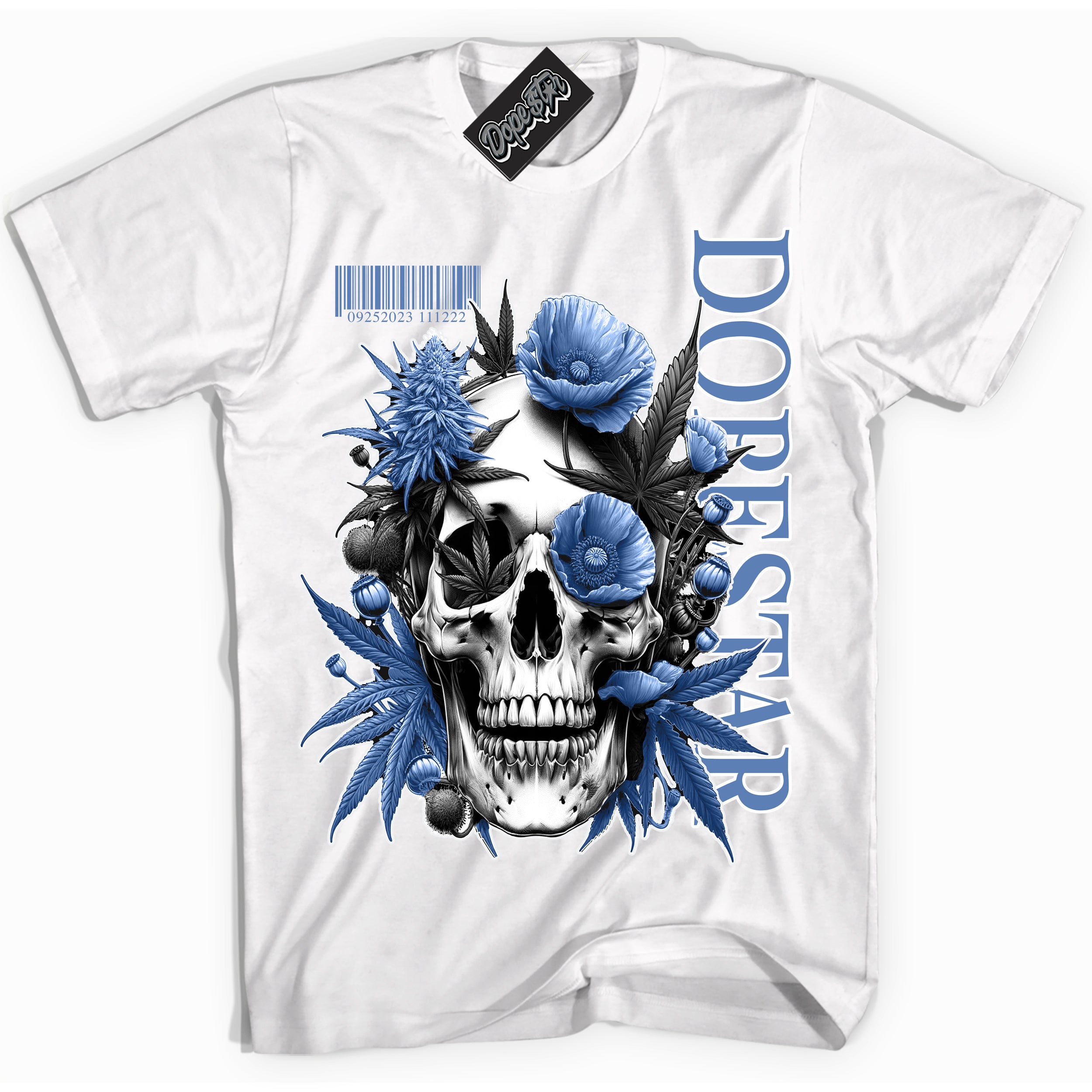 Cool White Shirt with “ Skull Poppies” design that perfectly matches Twist University Blue Sneakers.