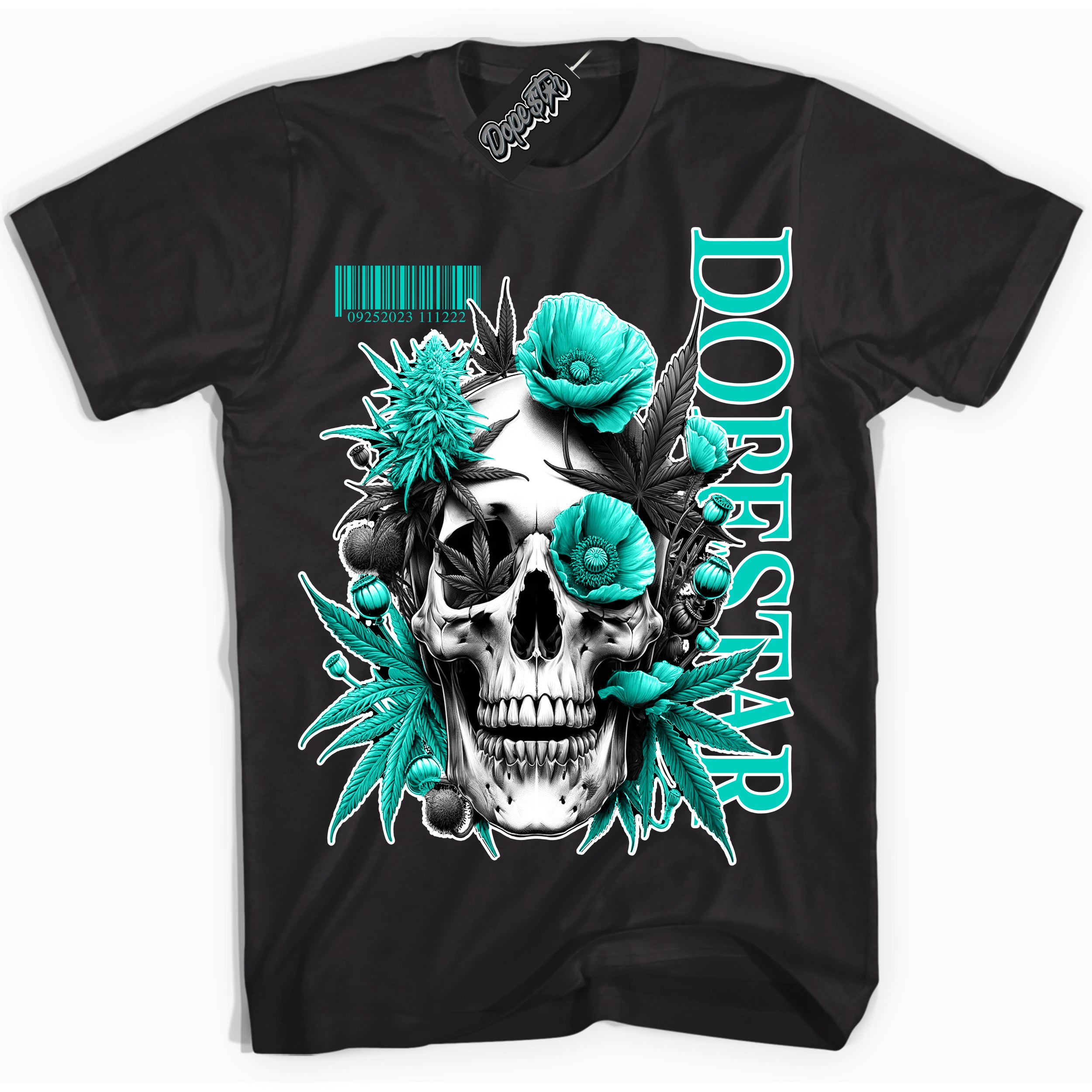 Cool Black Shirt with “ Skull Poppies” design that perfectly matches Clear Jade Sneakers.