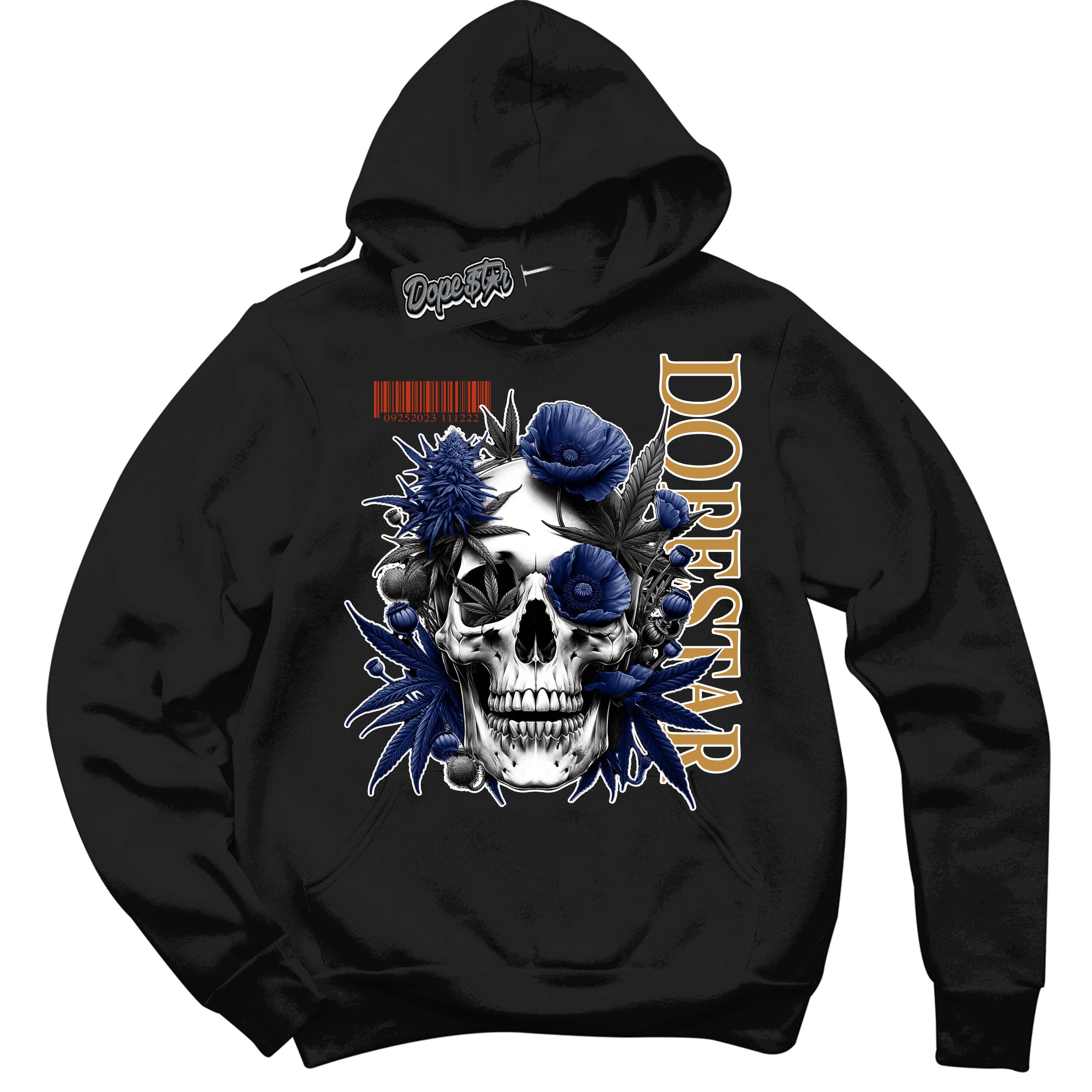 Cool Black Hoodie with “ Skull Poppies ” design that Perfectly Matches Orange Label Navy Gum Sneakers.