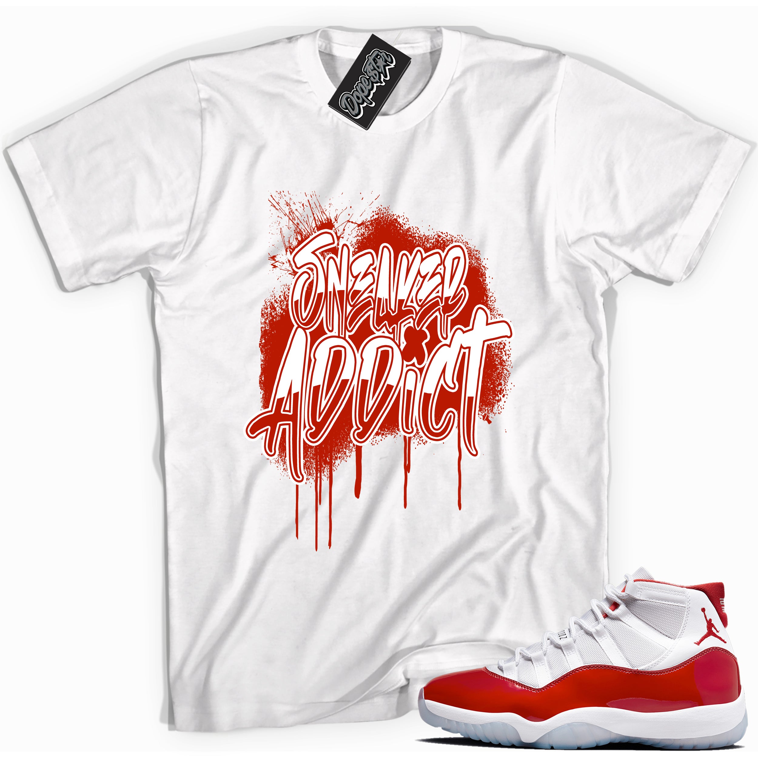Cool White graphic tee with “ Sneaker Addict ” print, that perfectly matches CHERRY 11s  sneakers