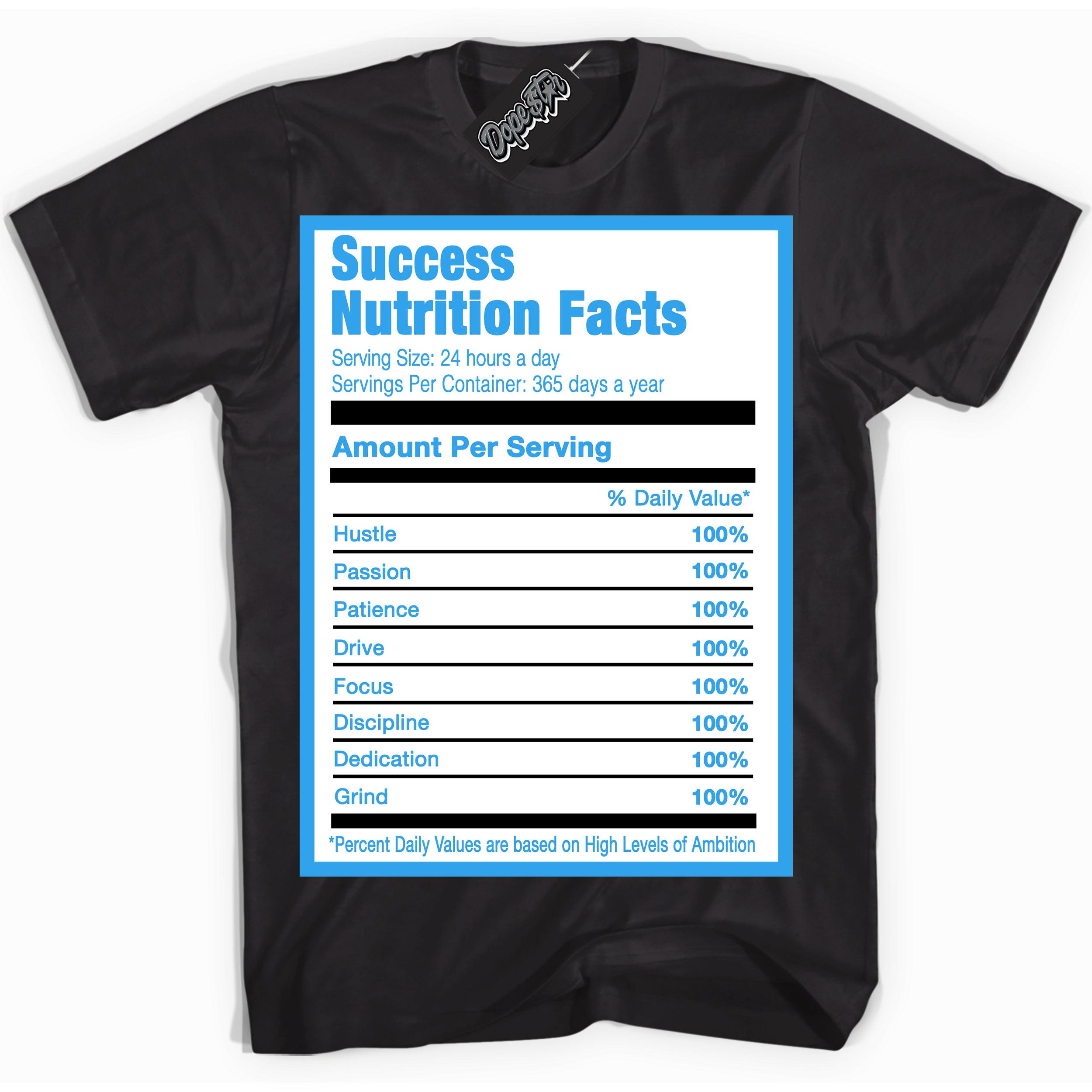 Cool Black graphic tee with “ Success Nutrition ” design, that perfectly matches Powder Blue 9s sneakers