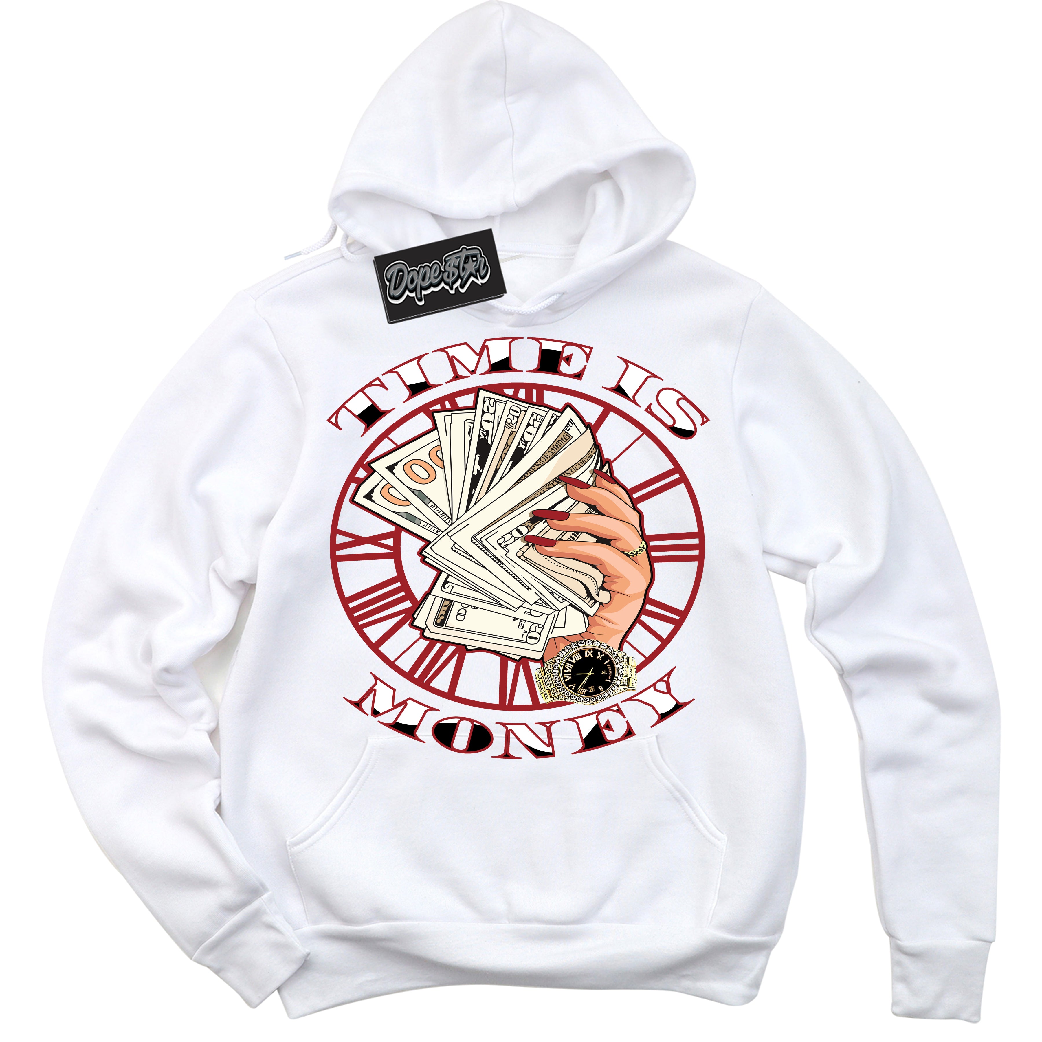 Cool White Hoodie With “ Time Is Money “ Design That Perfectly Matches Lost And Found 1s Sneakers.