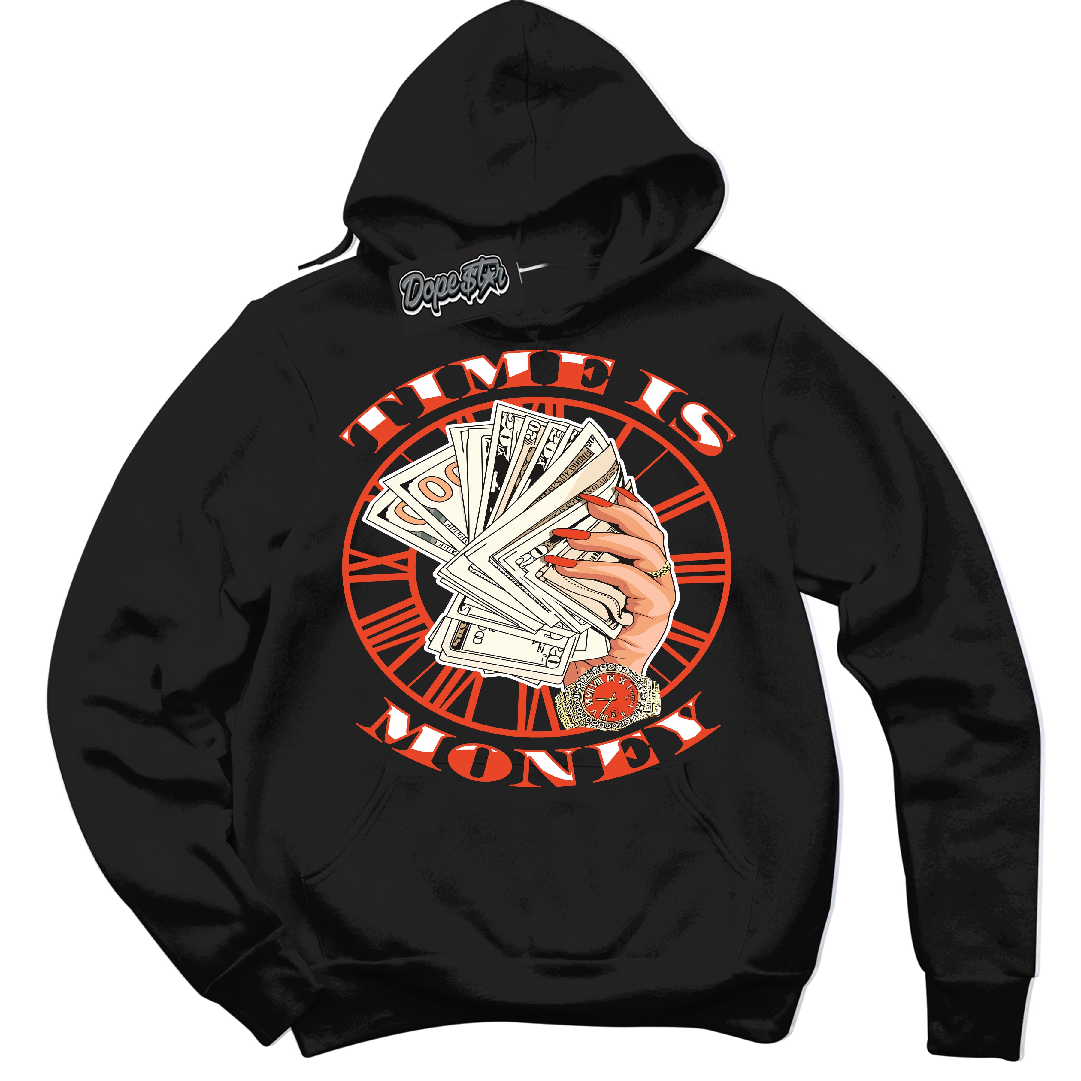 Nike Dunk Low Retro Cosmic Clay 'Time Is Money' Hoodie - Black Streetwear Mockup | Sneakerhead Sweatshirt Matching Nike Dunk Low Retro Cosmic Clay | Limited Edition Urban Streetwear for Sneaker Matching OOTD | Outfits that pair perfectly with your ND Low Retro Cosmic Clay | Sneakerhead Fashion Must-Have Apparel for Men and Women.