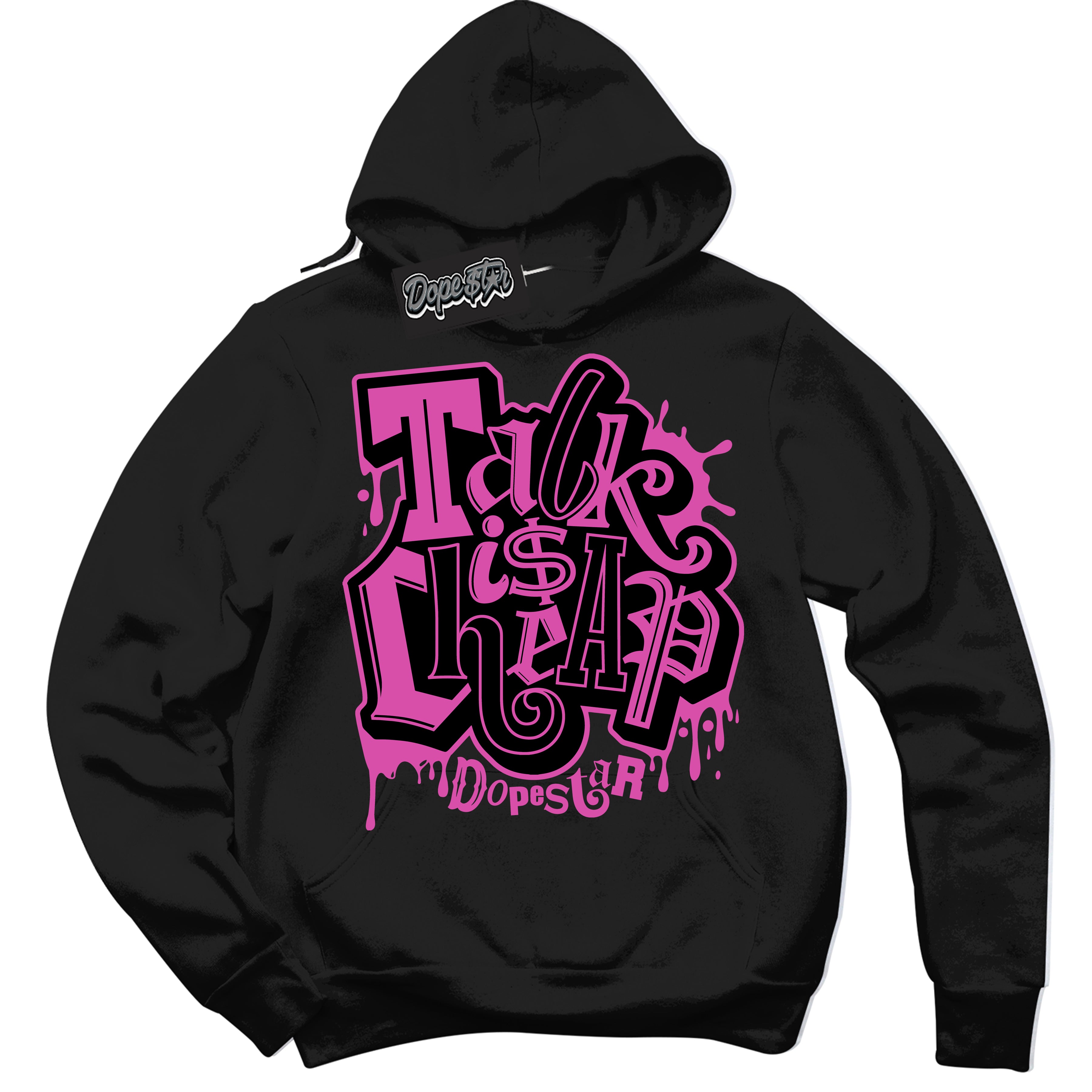 Black Hoodie with playful pink and black "Talk Is Cheap" graphic, made to match Air Max 1 Valentine's Day sneakers | Sneaker Shirts Outlet