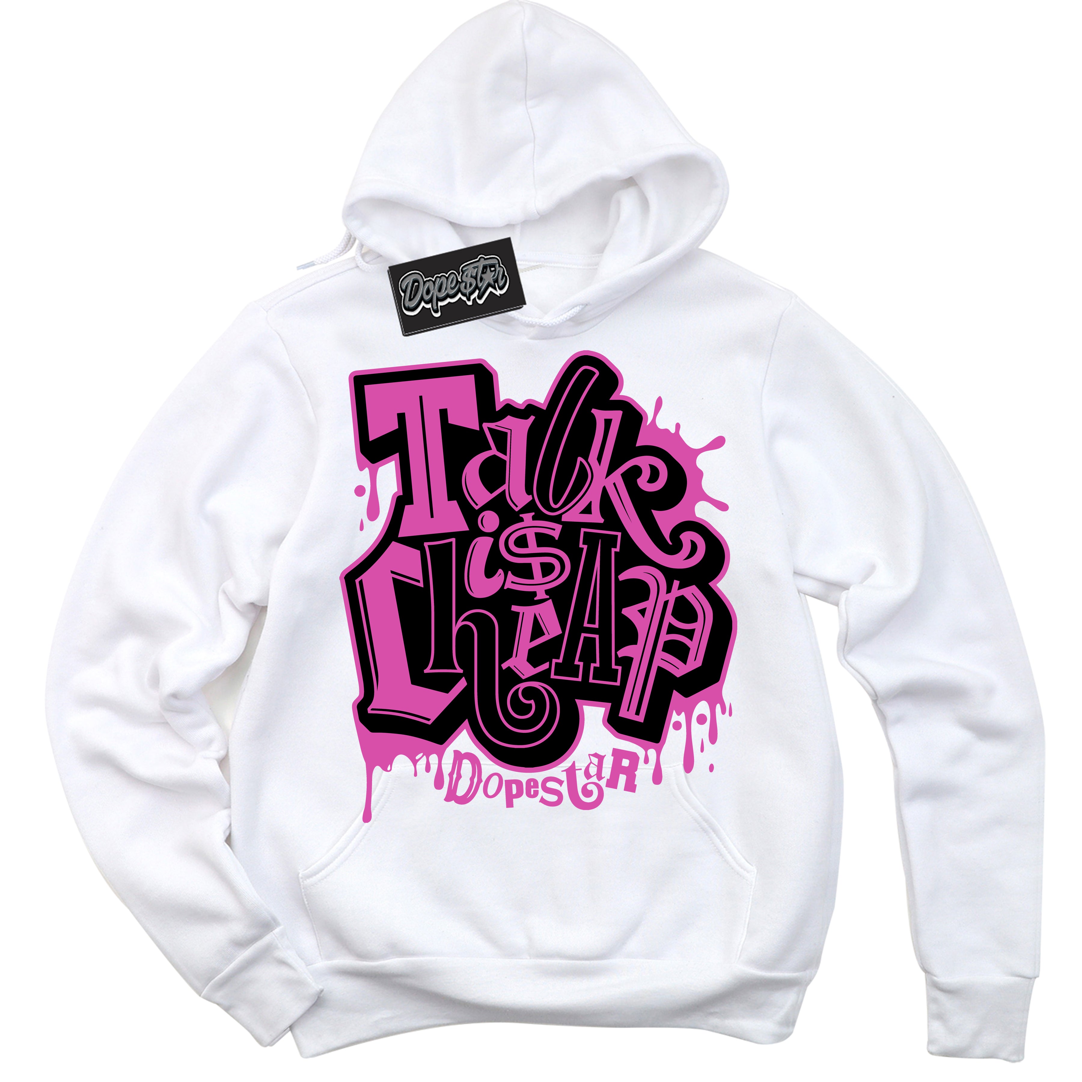 White Hoodie with playful pink and black "Talk Is Cheap" graphic, made to match Air Max 1 Valentine's Day sneakers | Sneaker Shirts Outlet
