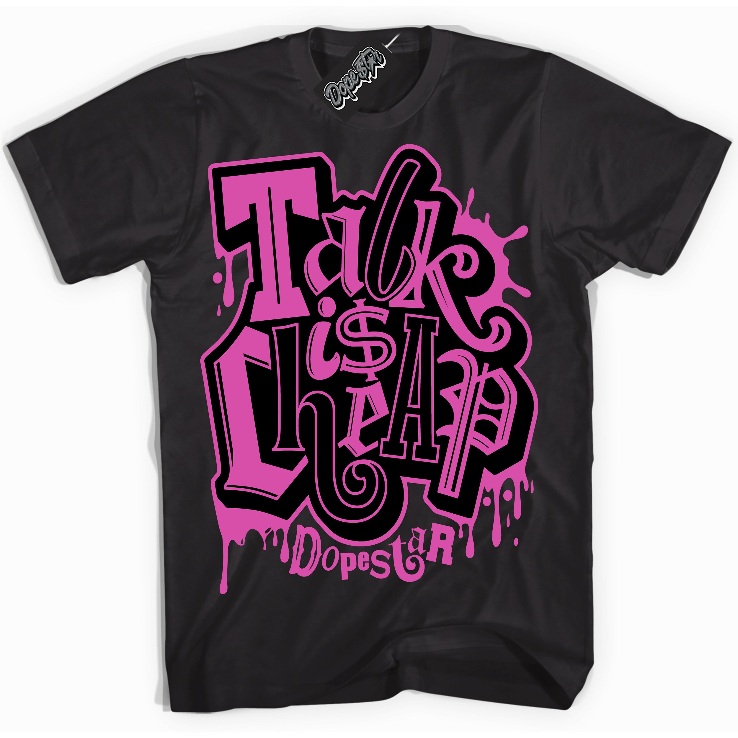 Black T-shirt with playful pink and black "Talk Is Cheap" graphic, made to match Air Max 1 Valentine's Day sneakers | Sneaker Shirts Outlet