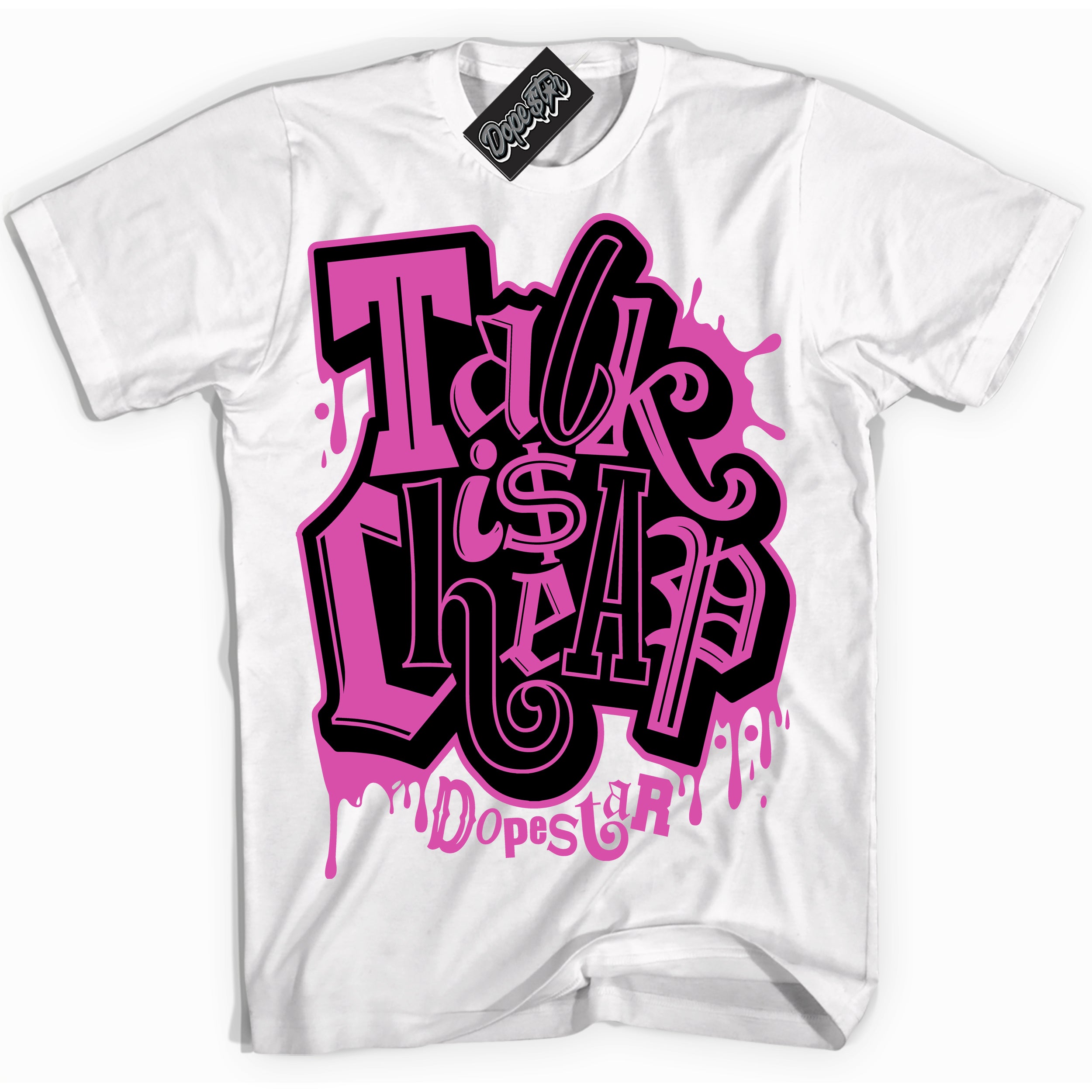 White T-shirt with playful pink and black "Talk Is Cheap" graphic, made to match Air Max 1 Valentine's Day sneakers | Sneaker Shirts Outlet