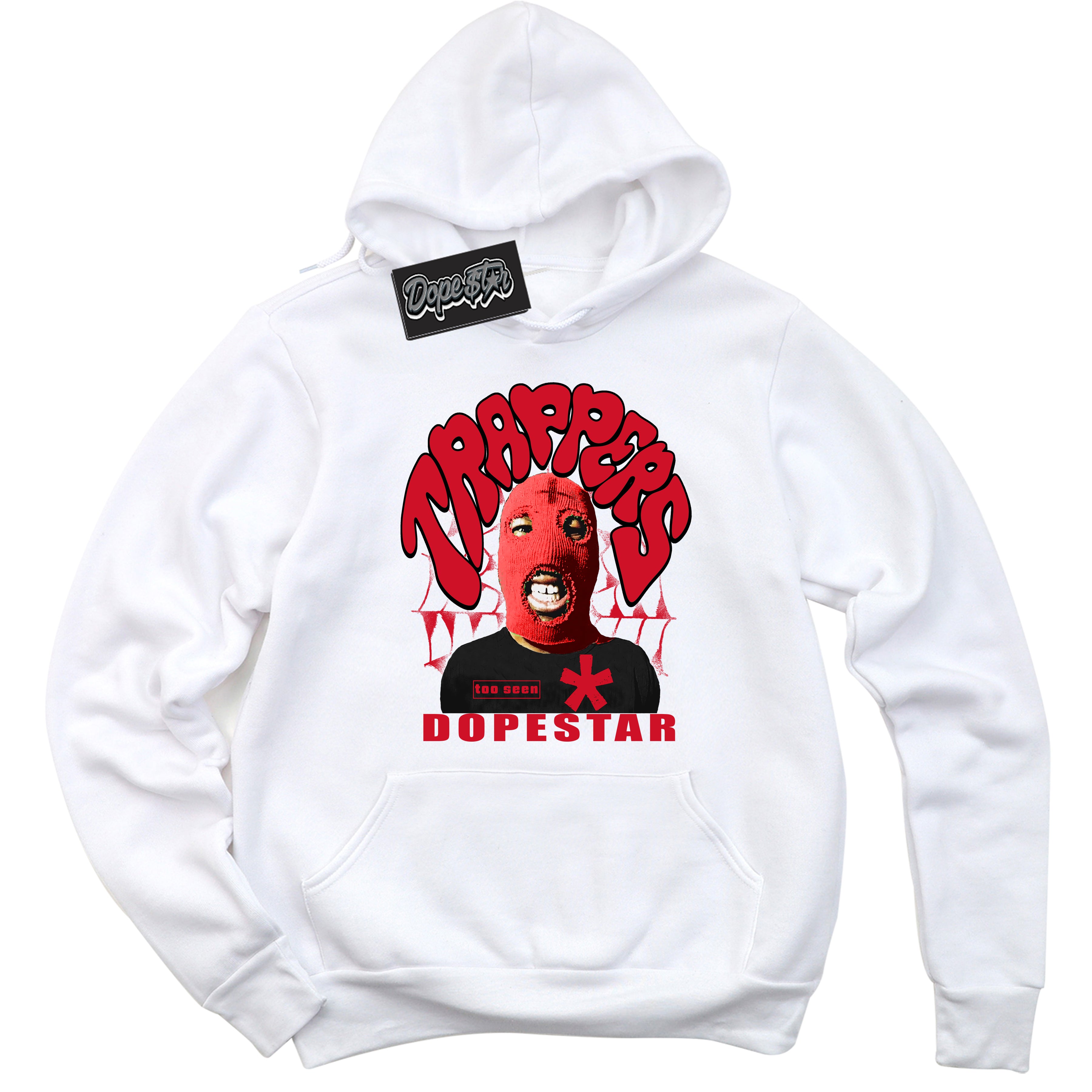 White “Trappers” Hoodie by Dope Star Brand®, styled to match Bred 1s sneakers