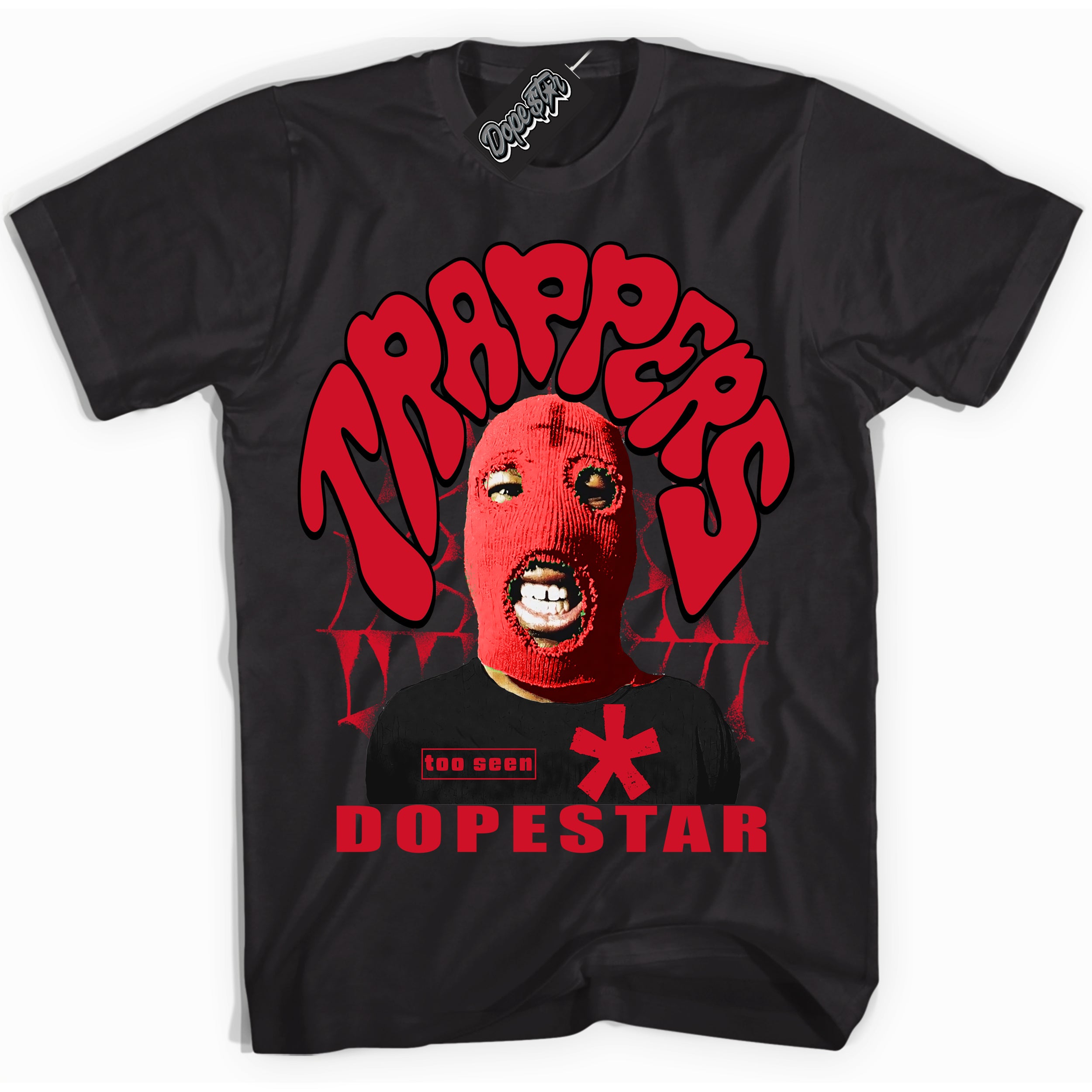 Black “Trappers” T-shirt by Dope Star Brand®, styled to match Bred 1s sneakers