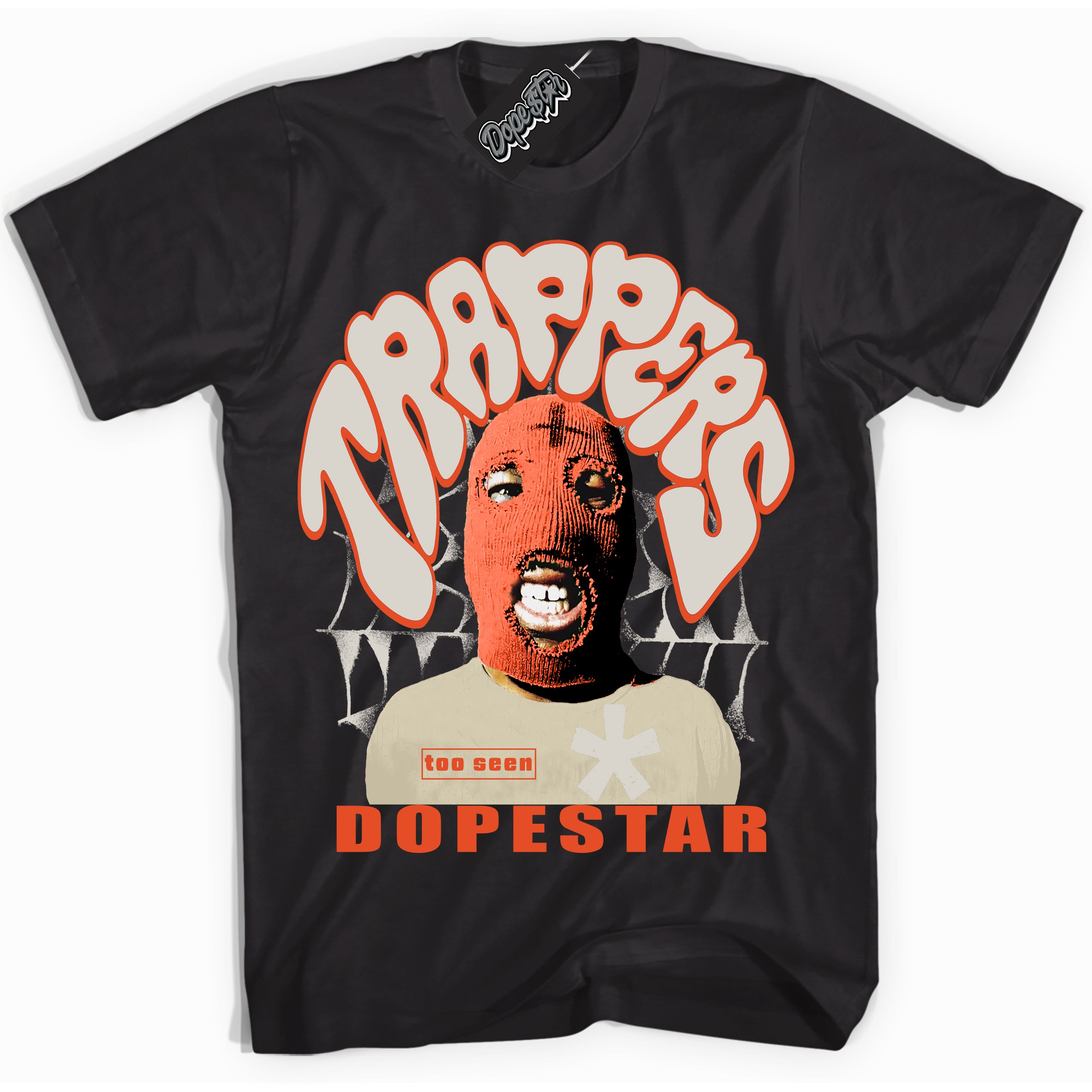 Black “Trappers” T-shirt by Dope Star Brand®, styled to match Cinnabar 1s sneakers