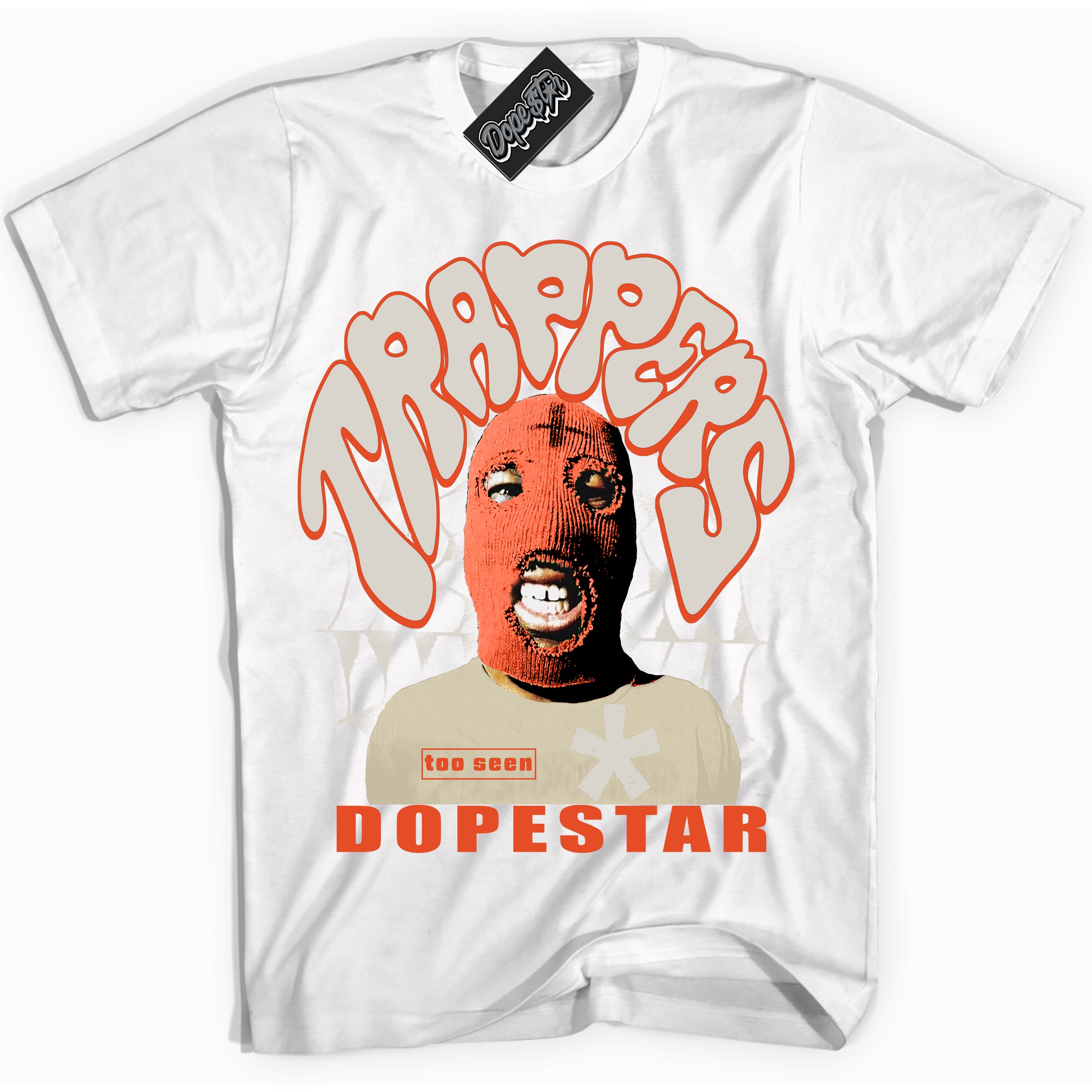 White “Trappers” T-shirt by Dope Star Brand®, styled to match Cinnabar 1s sneakers