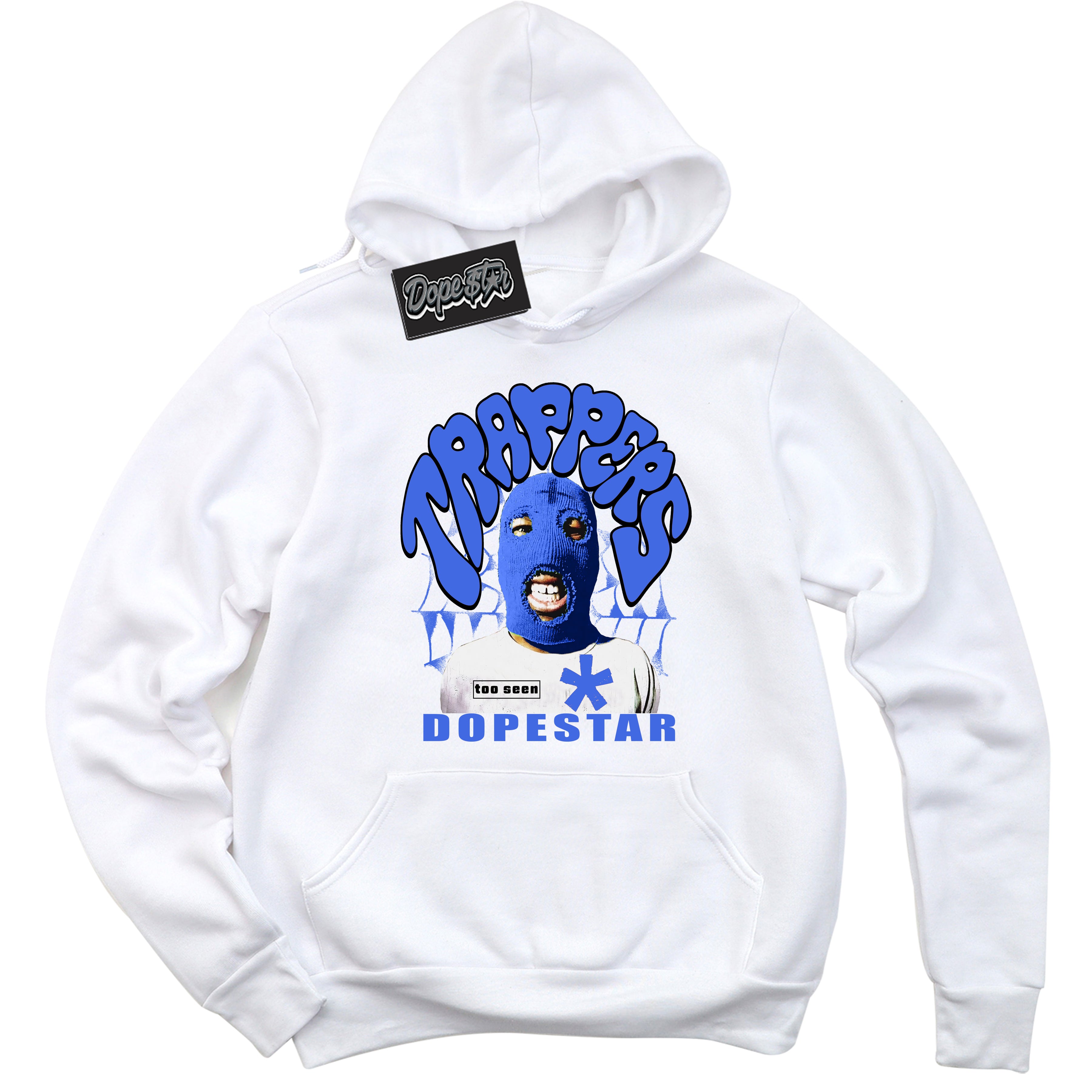 White “Trappers” Hoodie by Dope Star Brand®, styled to match Royal 1s sneakers