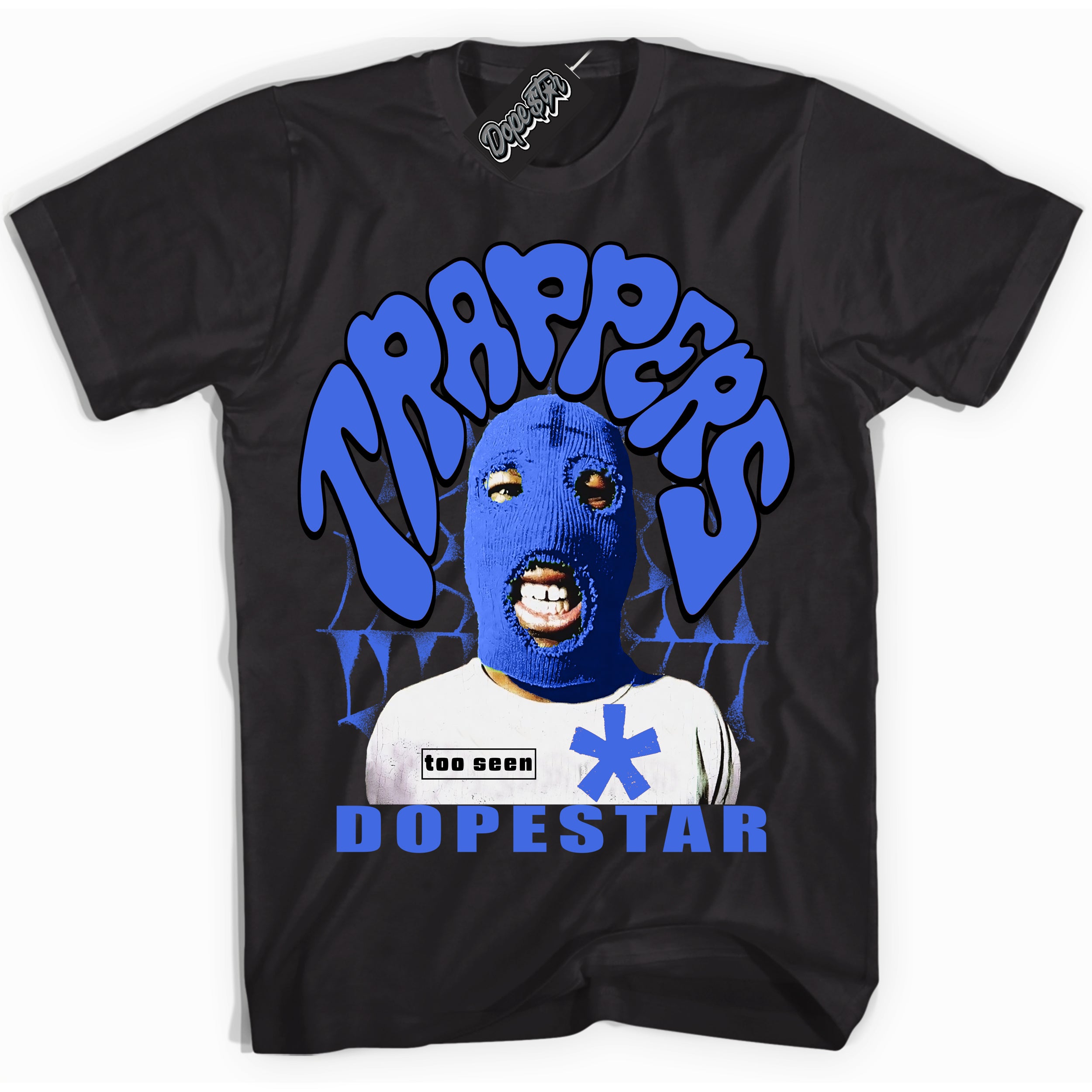 Black “Trappers” T-shirt by Dope Star Brand®, styled to match Royal 1s sneakers