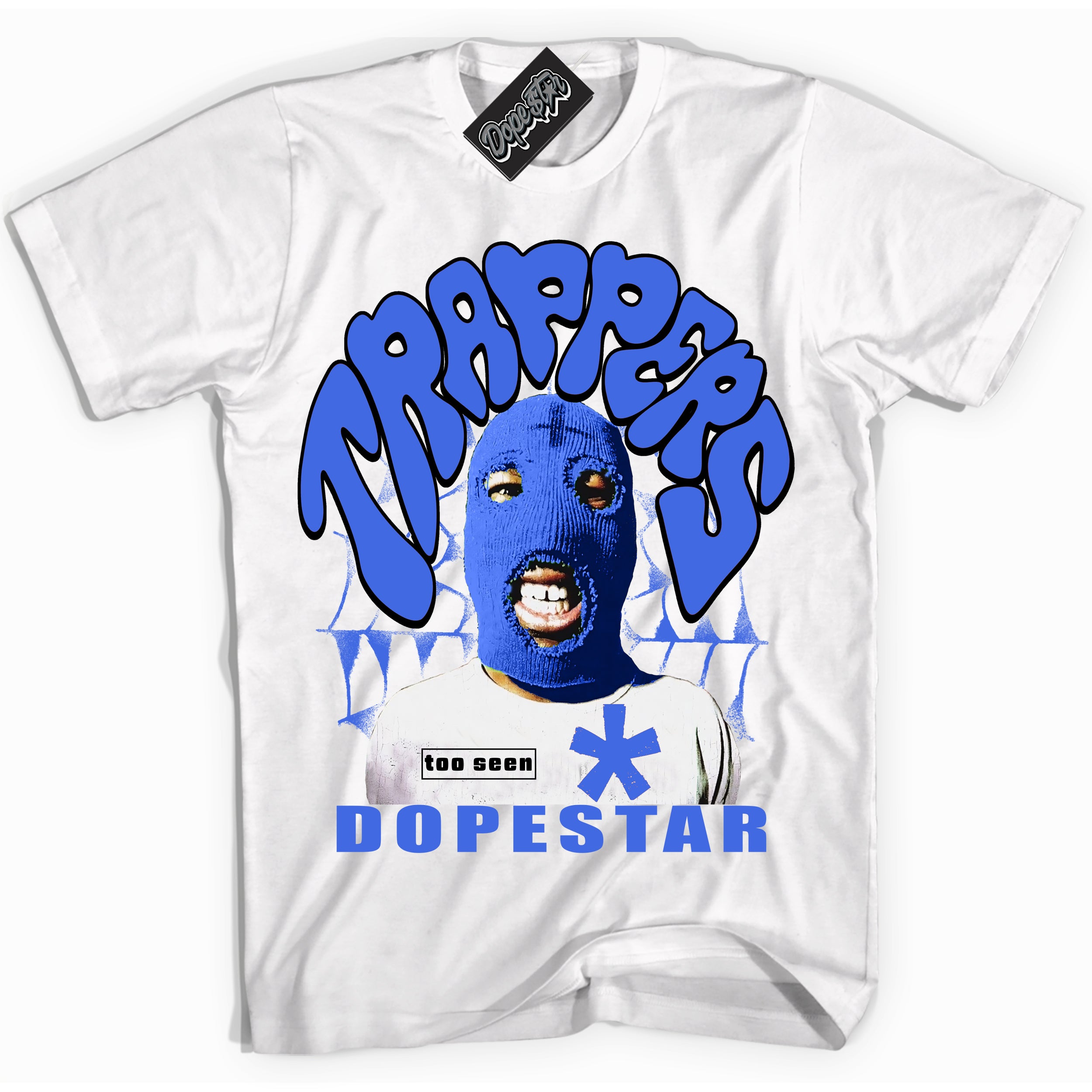 White “Trappers” T-shirt by Dope Star Brand®, styled to match Royal 1s sneakers