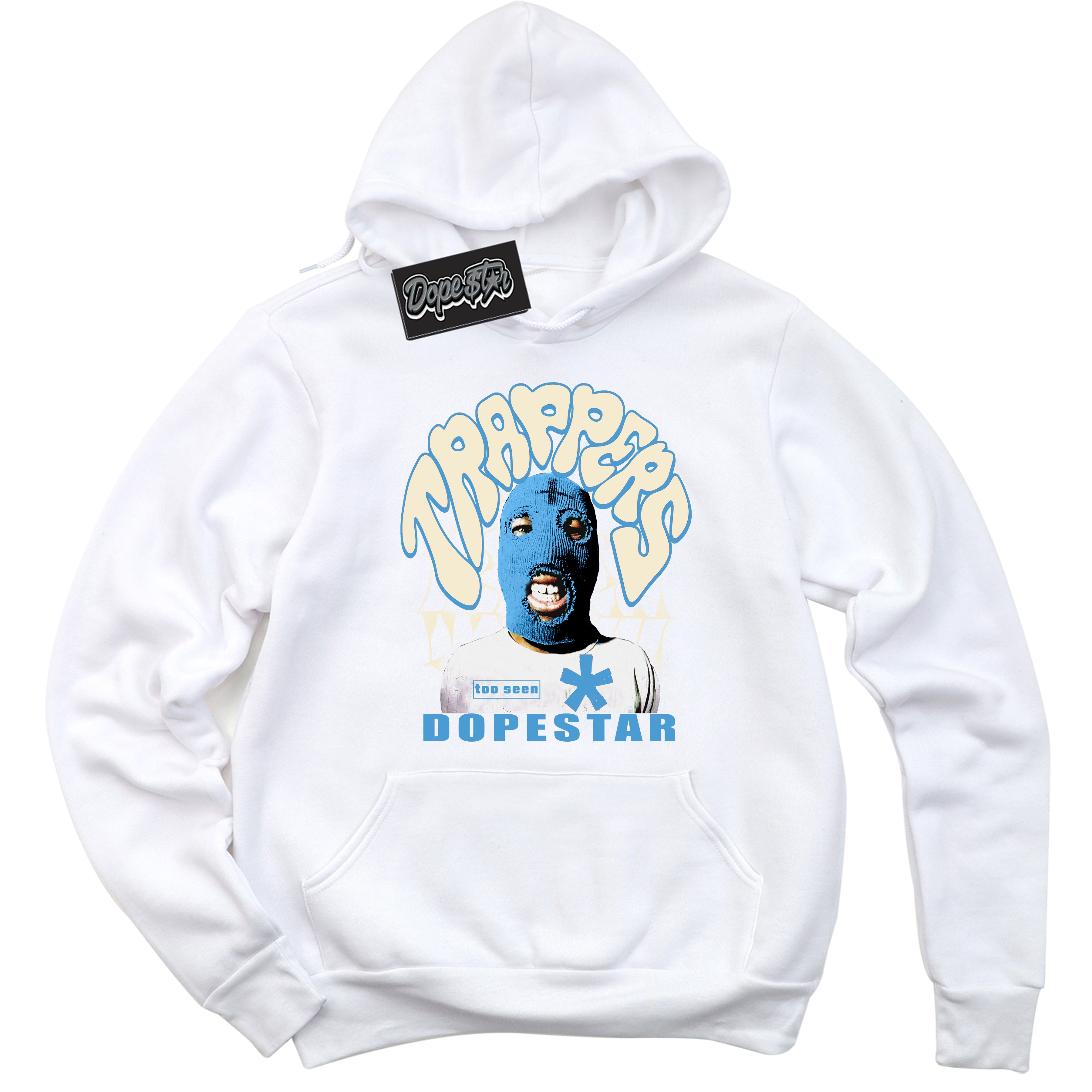 White “Trappers” Hoodie by Dope Star Brand®, styled to match UNC Reimagined 1s sneakers