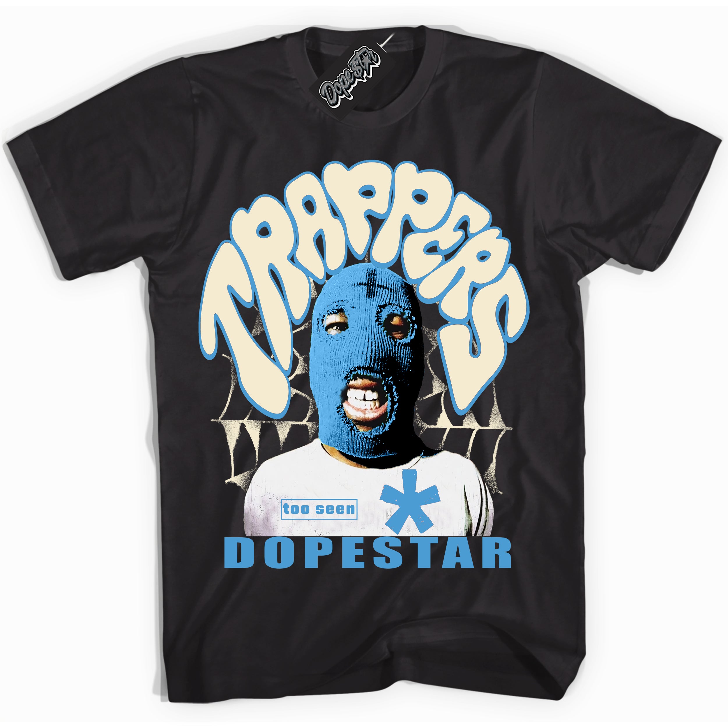 Black “Trappers” T-shirt by Dope Star Brand®, styled to match UNC Reimagined 1s sneakers