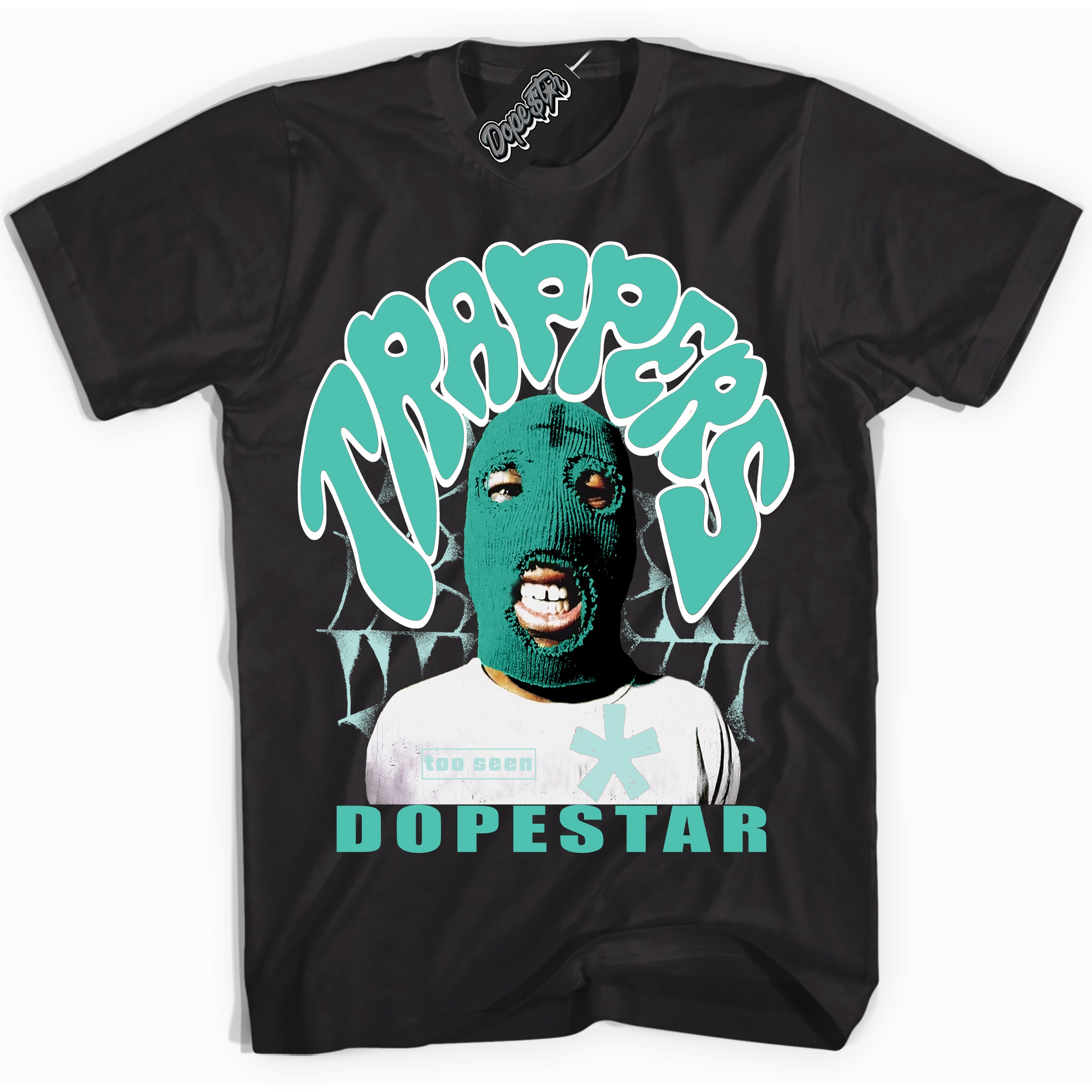 Black “Trappers” T-shirt by Dope Star Brand®, styled to match Washed Teal 1s sneakers