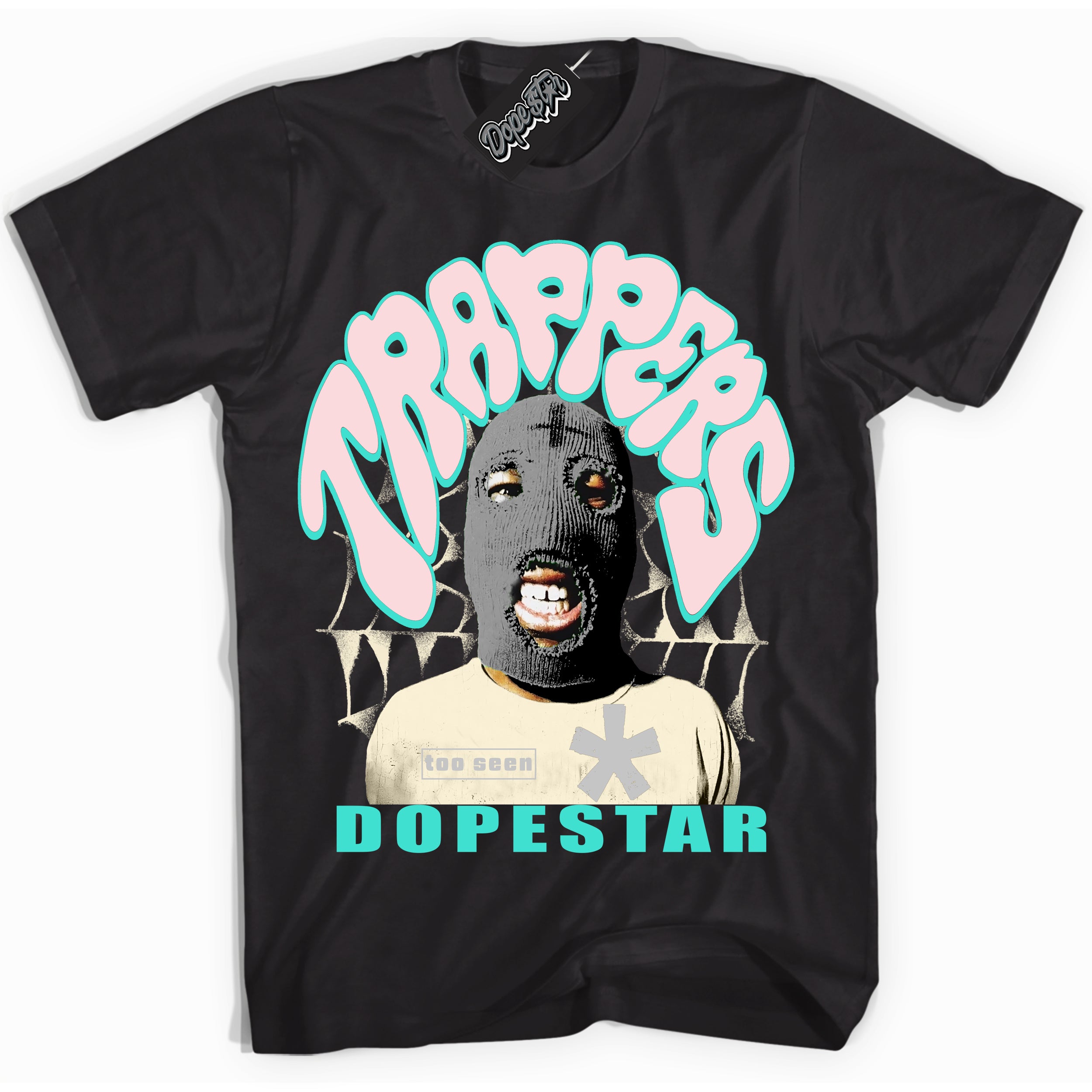 Black “Trappers” T-shirt by Dope Star Brand®, styled to match Soft Pearl 1s sneakers