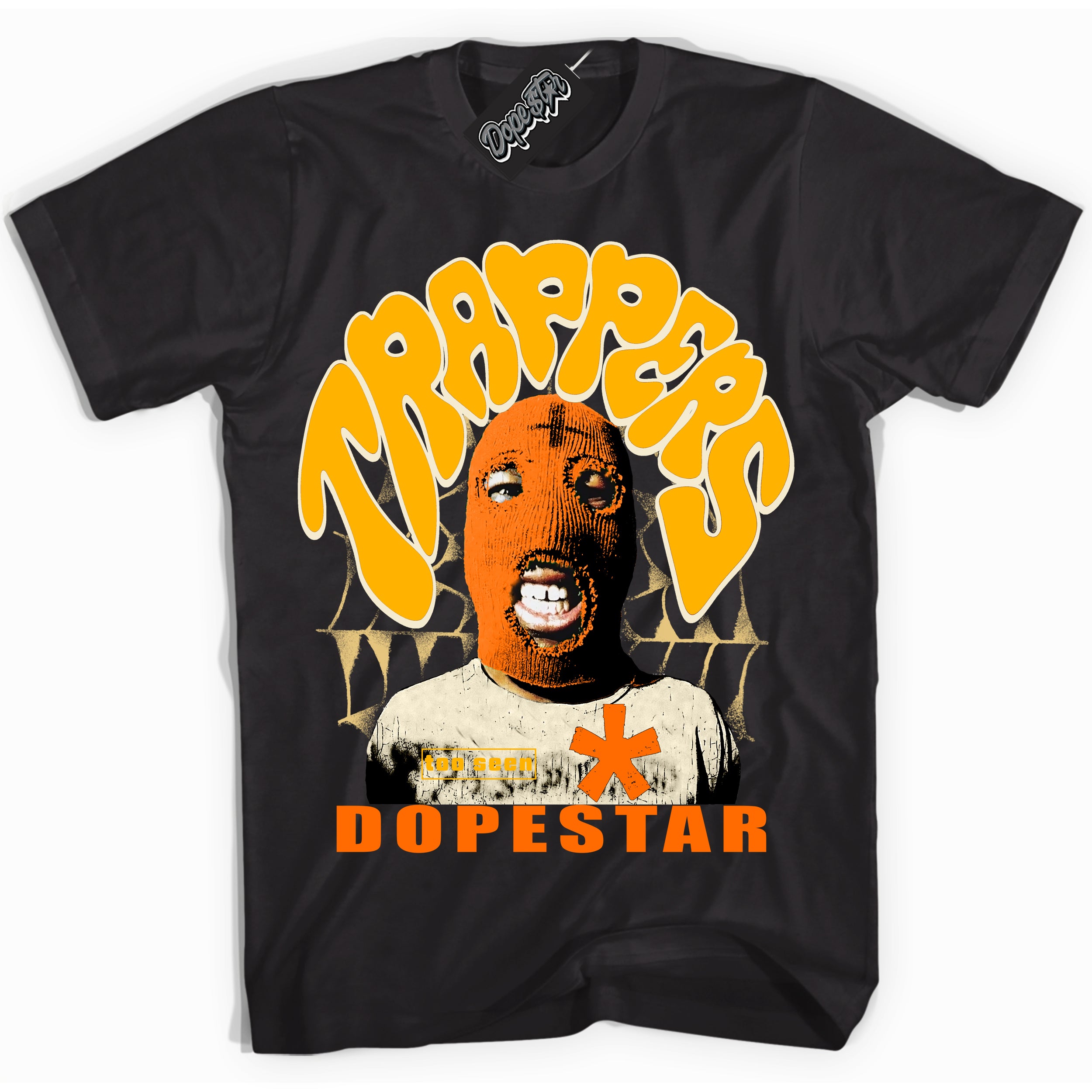 Black “Trappers” T-shirt by Dope Star Brand®, styled to match Saturn Gold Dunk sneakers
