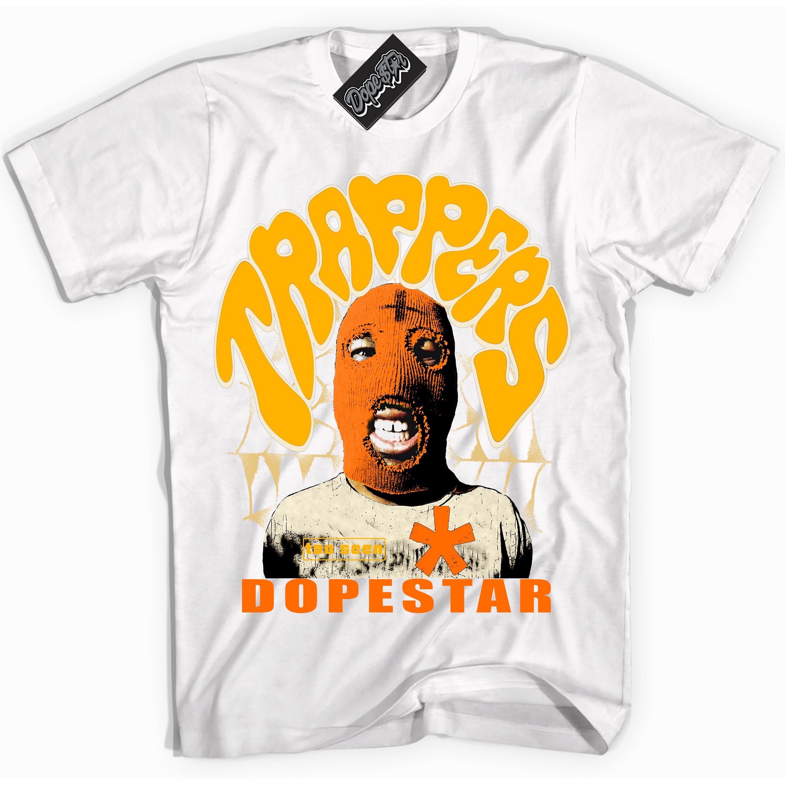 White “Trappers” T-shirt by Dope Star Brand®, styled to match Saturn Gold Dunk sneakers