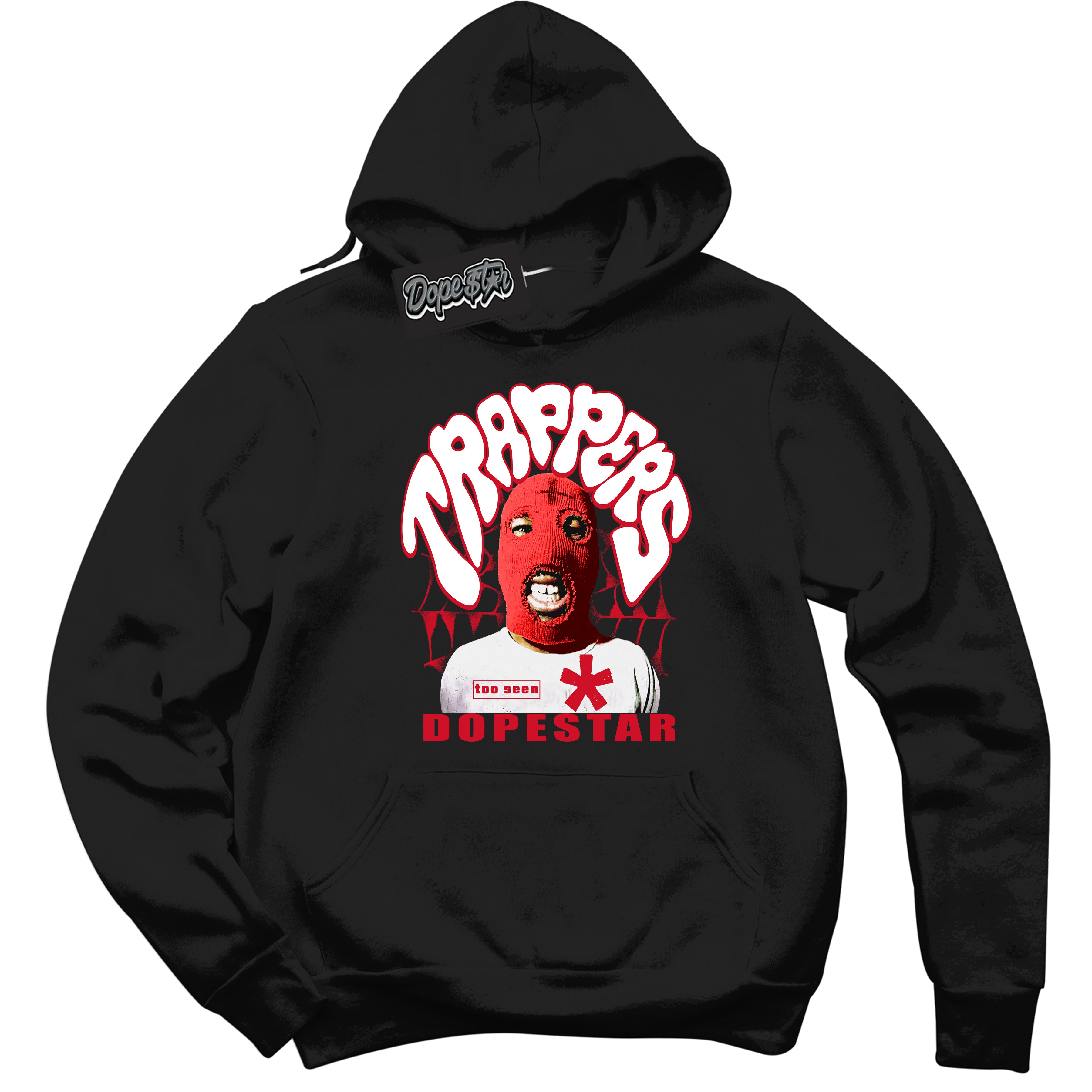 Black “Trappers” Hoodie by Dope Star Brand®, styled to match University Red Dunk sneakers.