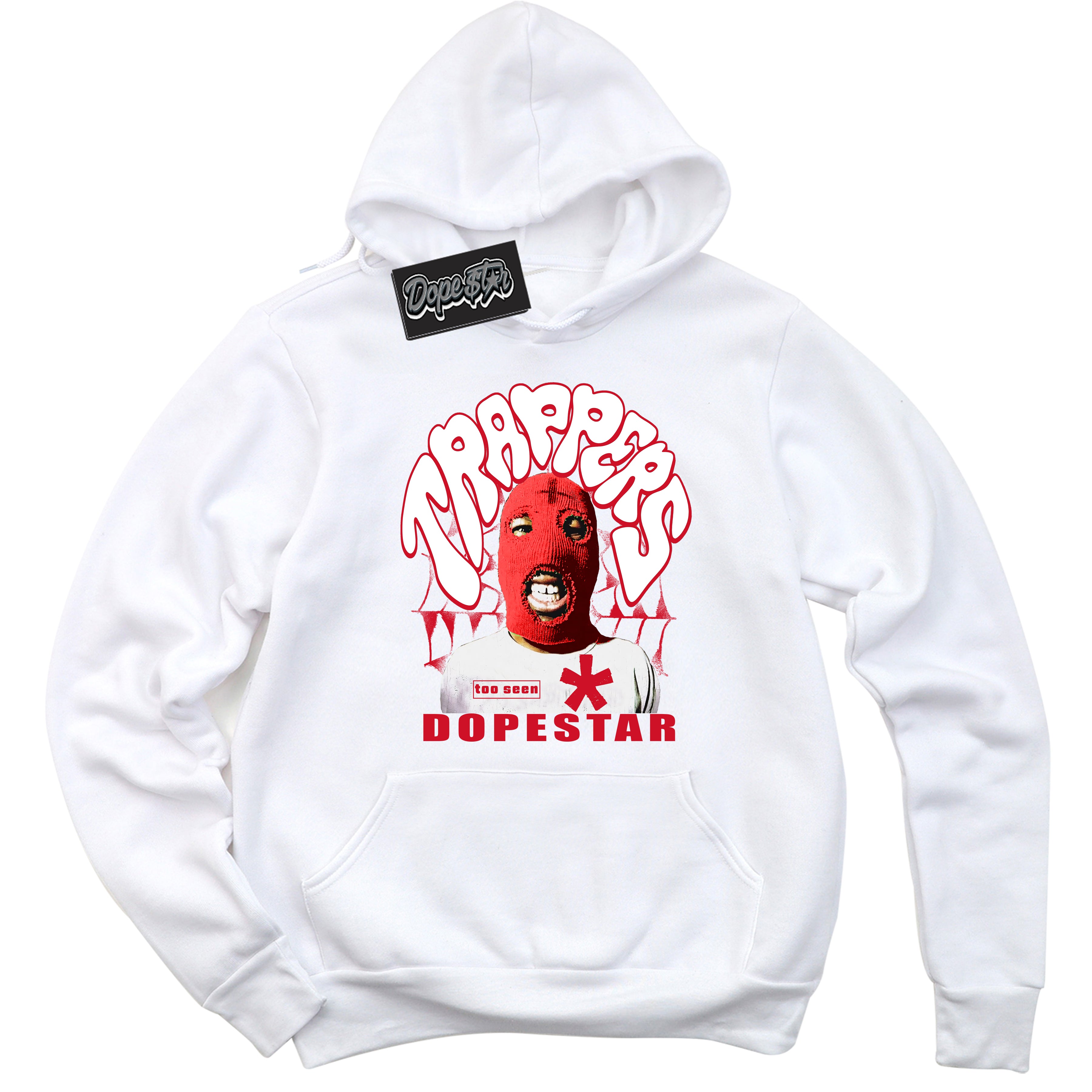White “Trappers” Hoodie by Dope Star Brand®, styled to match University Red Dunk sneakers.