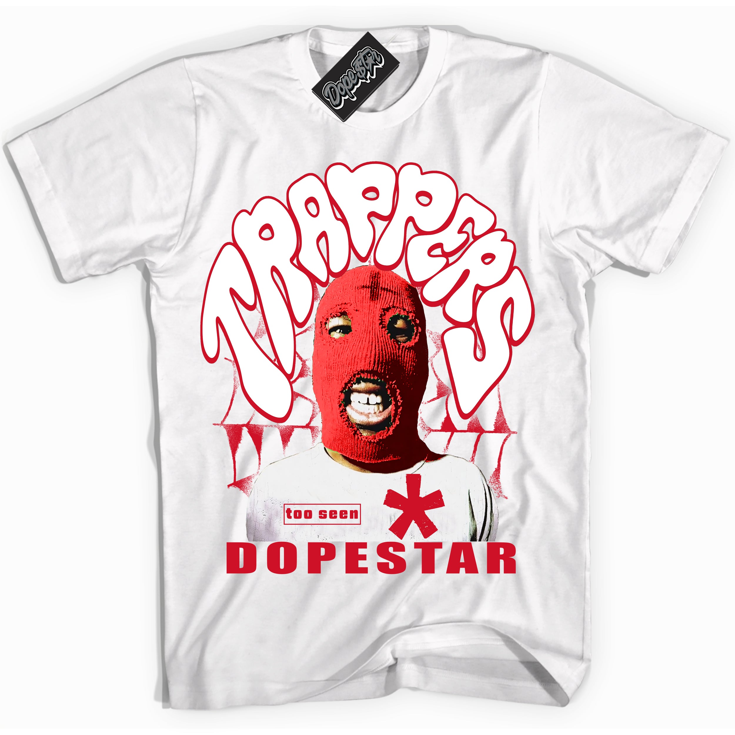 White “Trappers” T-shirt by Dope Star Brand®, styled to match University Red Dunk sneakers