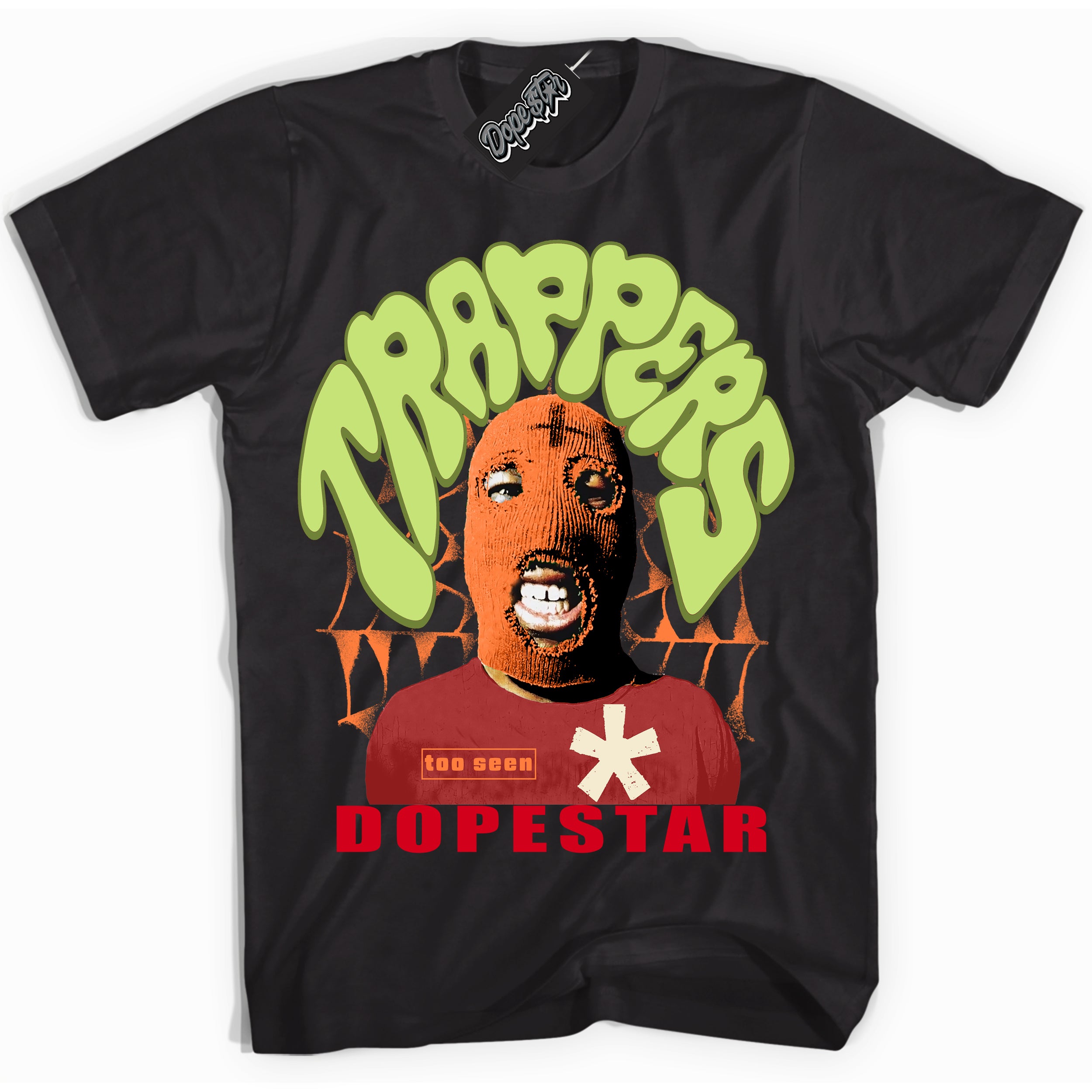 Black “Trappers” T-shirt by Dope Star Brand®, styled to match Green Curry Dunk sneakers