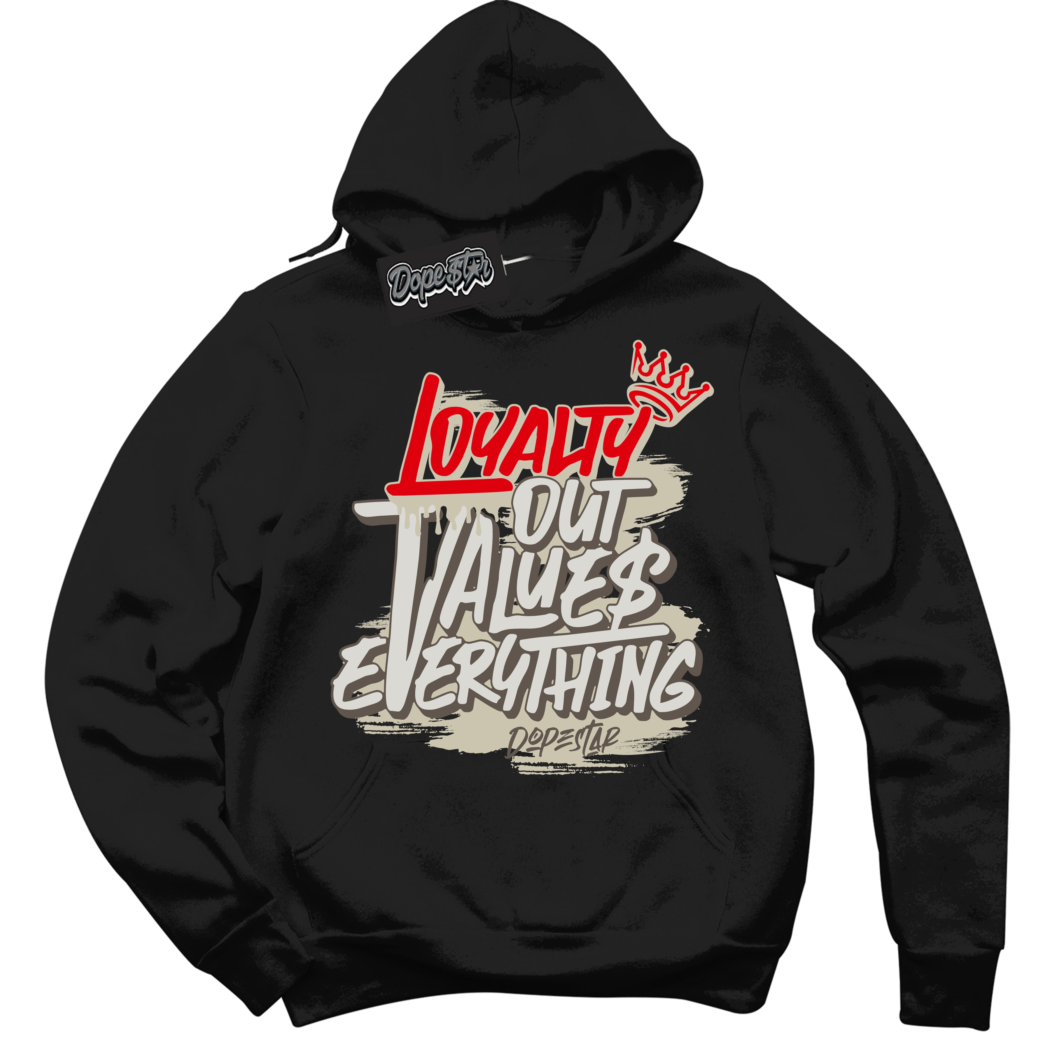 Cool Black Hoodie with “ Loyalty Out Values Everything ”  design that Perfectly Matches  Travis Scott Reverse Mocha 1s Sneakers.