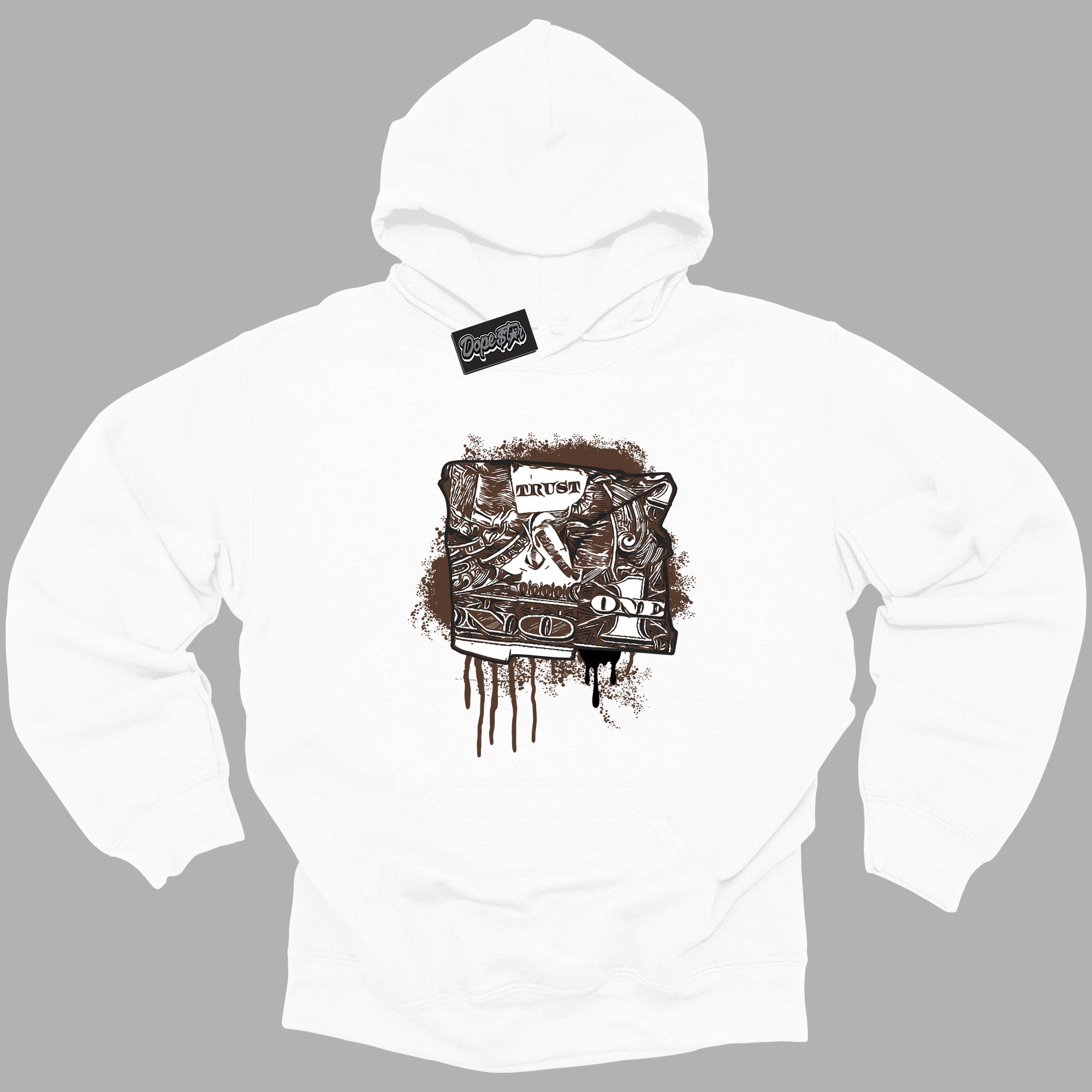 Cool White Graphic DopeStar Hoodie with “ Trust No One Dollar “ print, that perfectly matches Palomino 1s sneakers