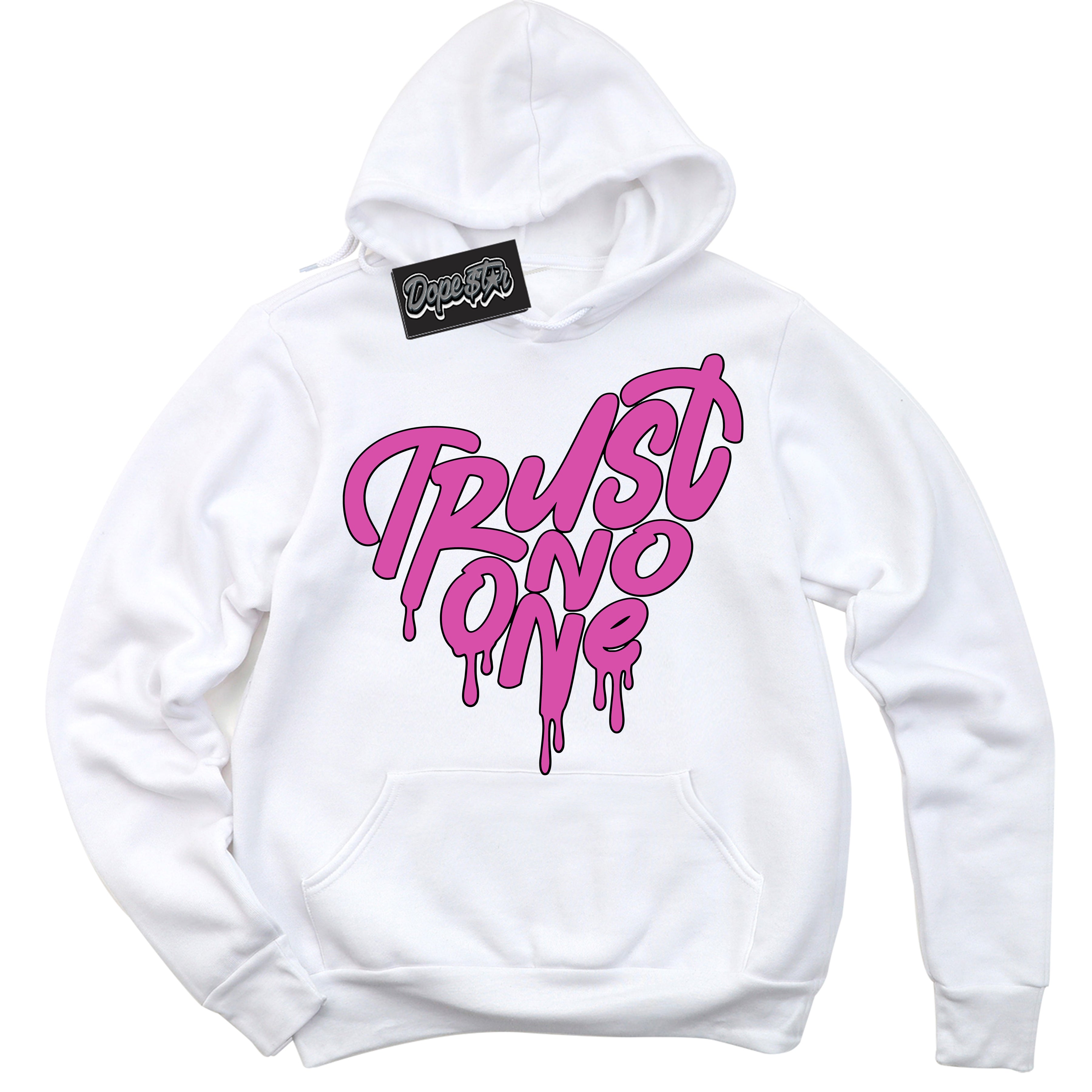 White Hoodie with playful pink and black "Trust No One Heart" graphic, made to match Air Max 1 Valentine's Day sneakers | Sneaker Shirts Outlet