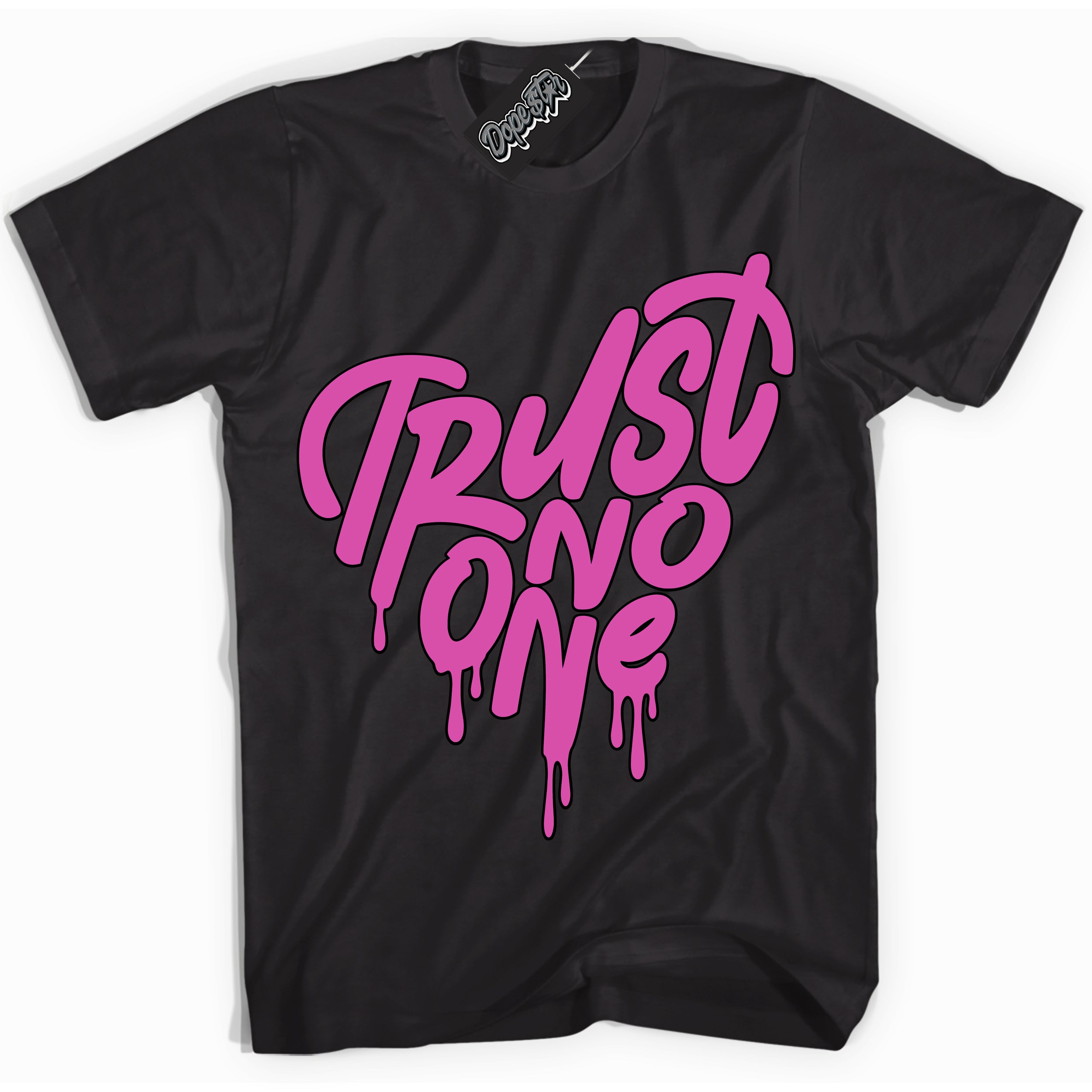 Black T-shirt with playful pink and black "Trust No One Heart" graphic, made to match Air Max 1 Valentine's Day sneakers | Sneaker Shirts Outlet