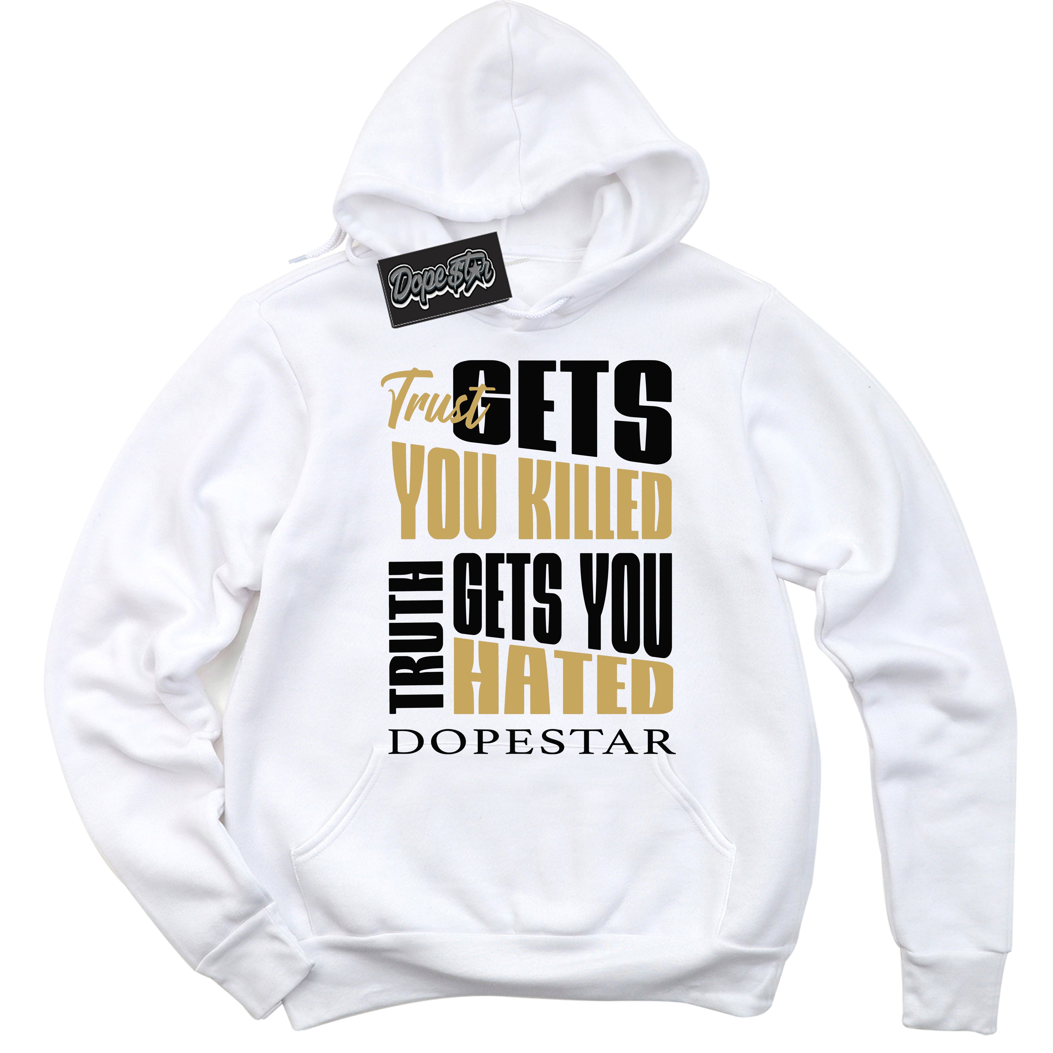 White “Trust Truth” Hoodie by Dope Star Brand®, styled to match Rookie of The Year 1s sneakers